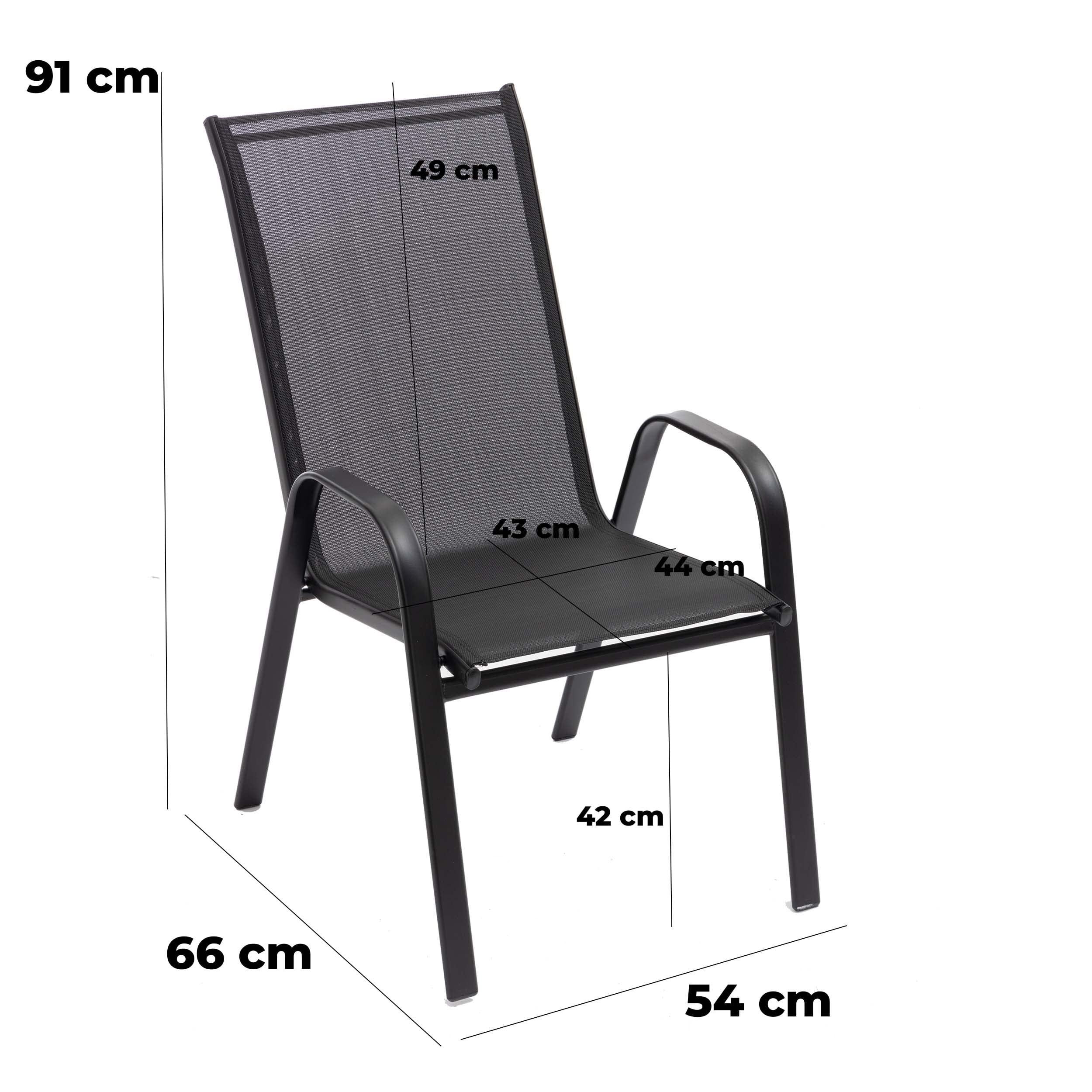 Baroni Home Set Sedie da Giardino con Schienale Alto, Sedie da Esterno per Giardino, Terrazza, Balcone, Veranda, Piscina, in Metallo e PVC, Sedie Impilabili, 91x66x54 cm, Colore Nero, 4 Pezzi