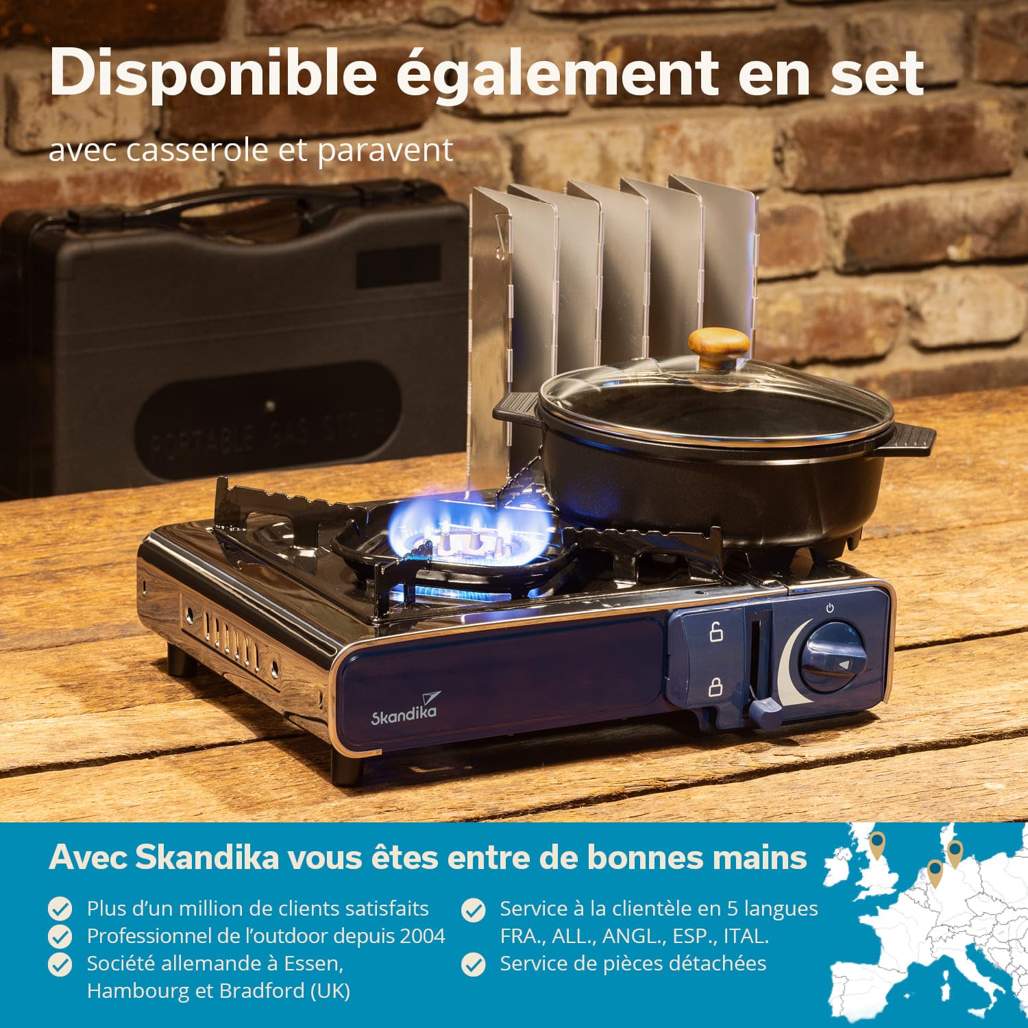 Skandika Réchaud à gaz Brann | 1 feu, réchaud de camping robuste portable pour cartouches de gaz MSF-1A 227 g, acier inoxydable, puissance réglable, allumage PIEZO, mallette plastique | Camping Grill