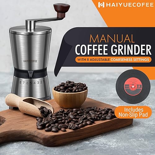 Miniatura 2 de Molinillo de café manual con 8 ajustes de grosor ajustables, molinillo de café con manivela de mano con rebabas de cerámica para granos de expreso,