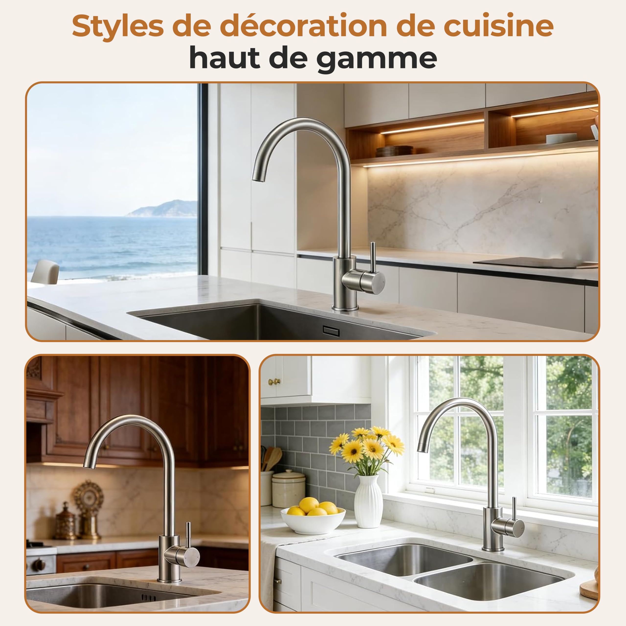 MELTA Mitigeur Évier Arc Élevé Acier Inoxydable Robinet Cuisine Pivotant 360° Levier Unique Chrome Poli