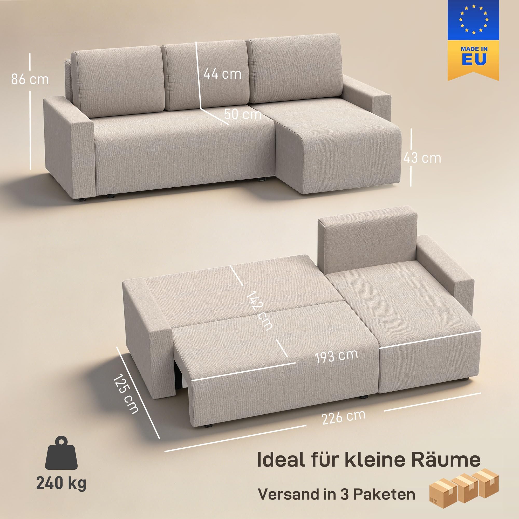 HOMCOM Ecksofa L-Form mit Schlaffunktion Umkehrbarer Chaiselongue Beige | 3-Sitzer Sofa, 2-in-1 Schlafsofa, Veloursbezug, Schlafcouch für Wohnzimmer, Hergestellt in der EU