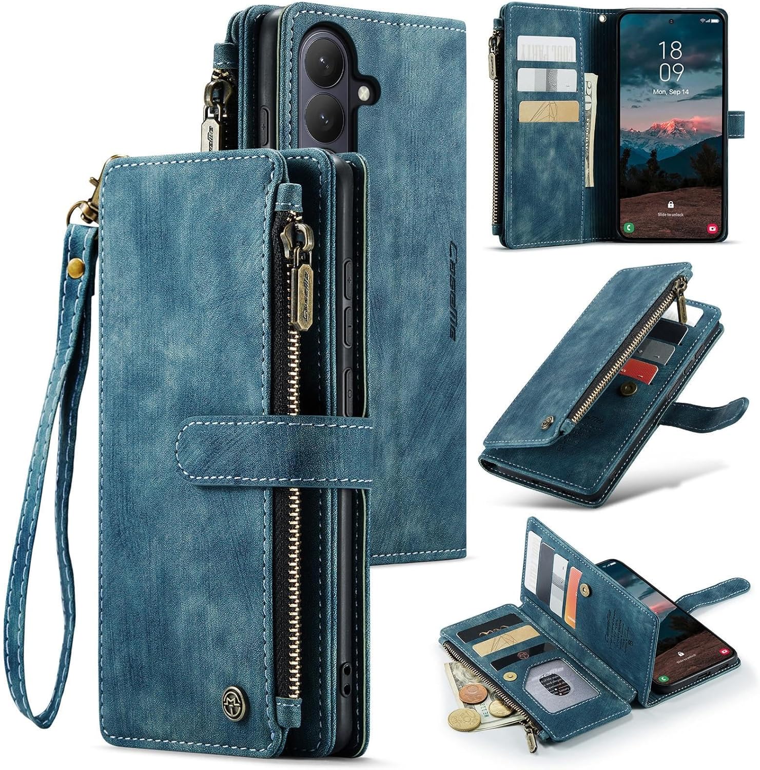 Compatible with Samsung Galaxy S26 Wallet Case,with Card Holder Kickstand Magnetic Zipper Pocket Lanyard Strap Wristlet,Leather Flip Case Wallet for Samsung Galaxy S26 5G 6.3 Inch(Blue)