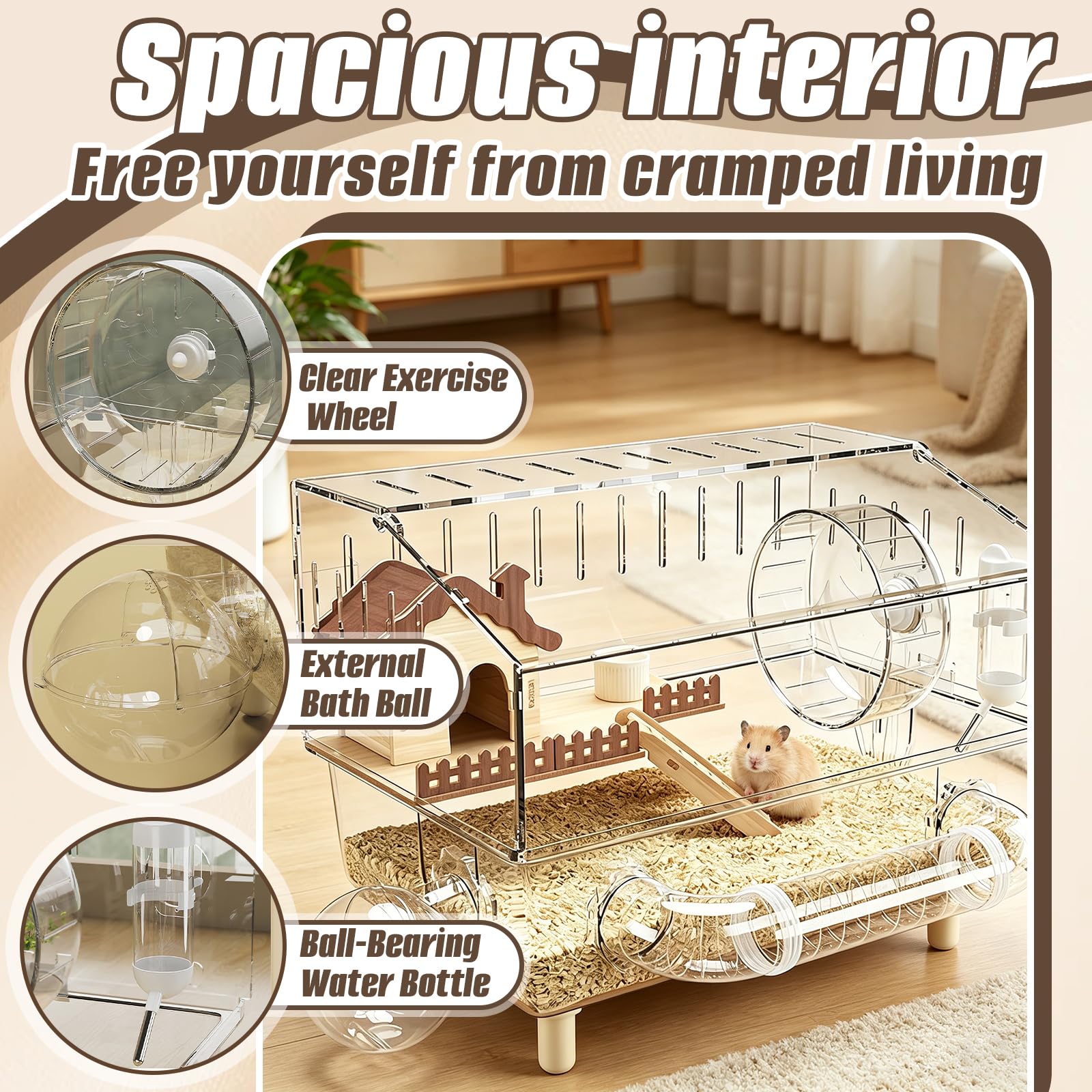 Gabbia per Criceti, 43 x 30 x 34 cm Villa in Acrilico per Criceti a Due Piani con Area di Riposo Ruota per Esercizi Tunnel Bagno Esterno Bollitore e Ciotola per il Cibo per Piccoli Animali