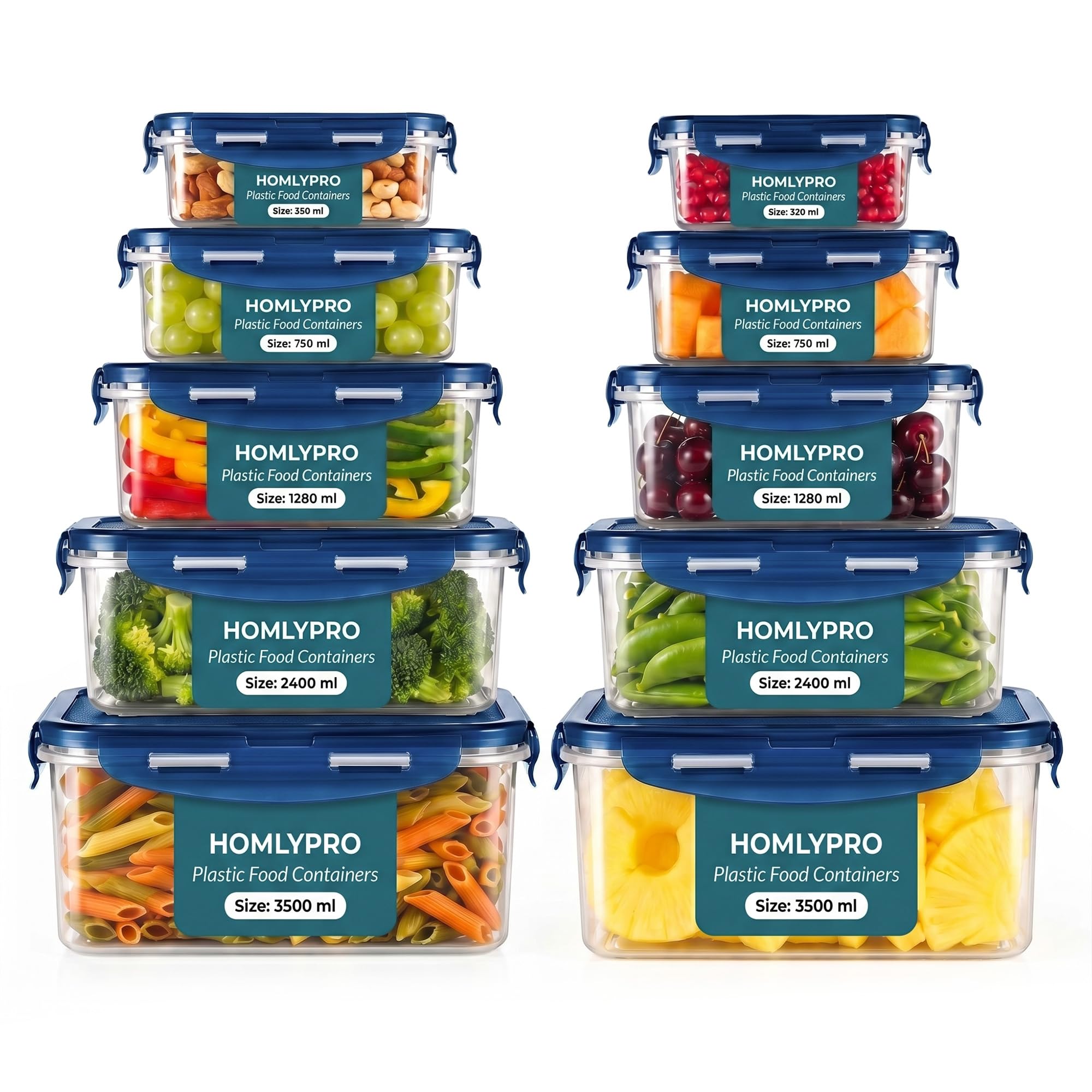 Homlypro Blue 20 Pieces Plastic Food Containers With Lids (10 Boxes & 10 Lids) Leakproof Airtight Meal Prep Containers, Stackable Bpa-Free, Freezer Microwave Dishwasher Safe