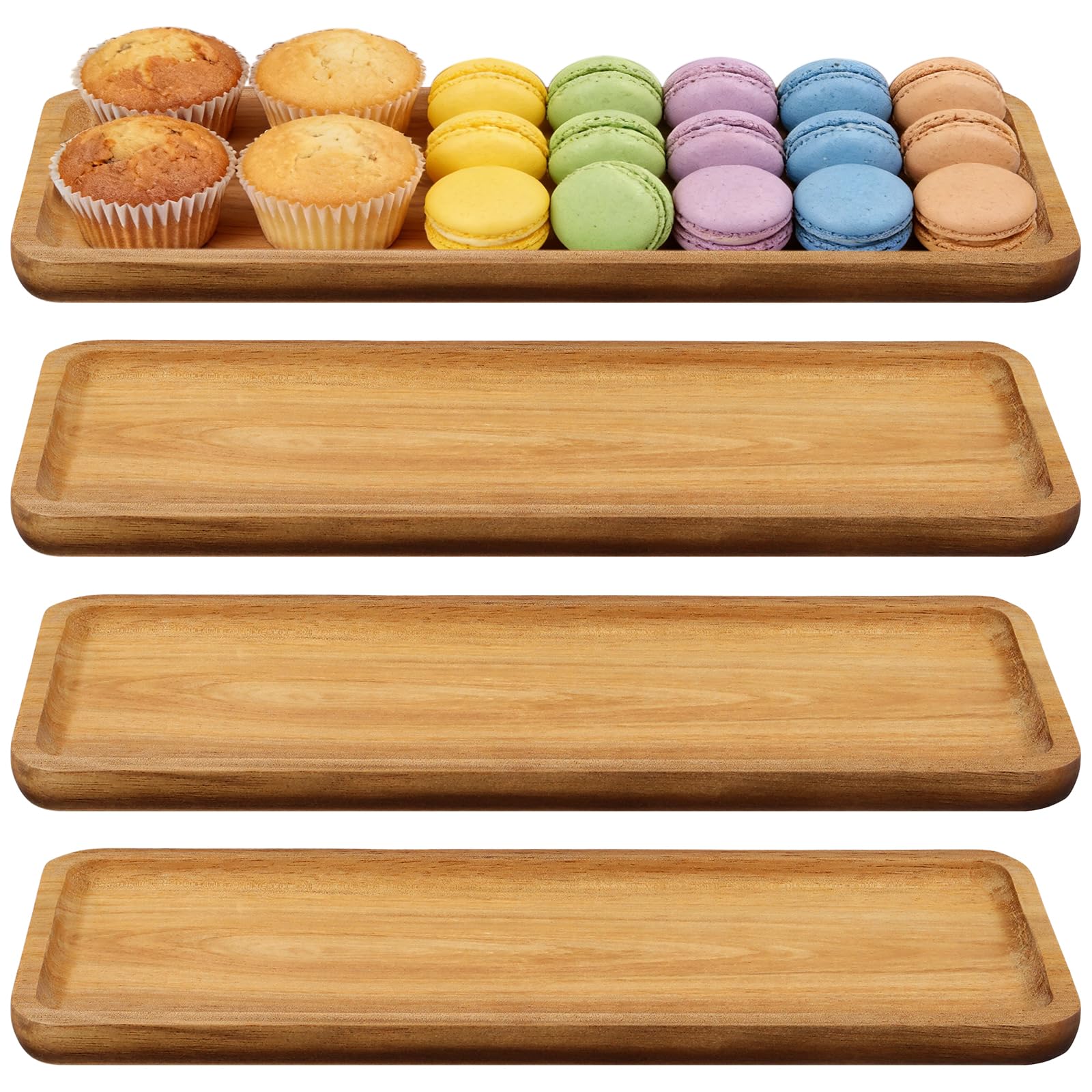Manchap Wood 4 Pack Rectangle Serving Tray, 29 X 10.5 X 1.5Cm En Tray For Appetizer, Food Beverages Tea, Brown