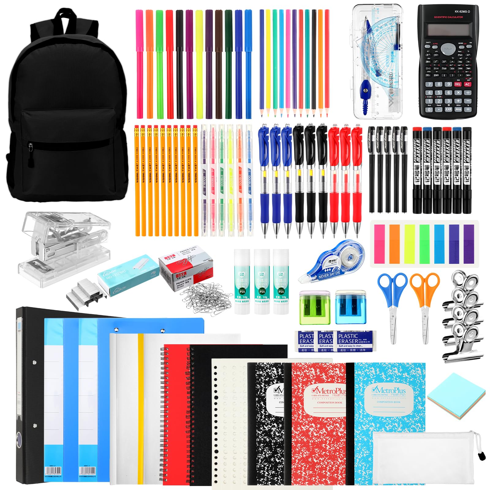 81 Pcs School Supply Kit with Backpack Back to School Supplies Bundle Bulk School Essentials for Elementary Middle High School Students Includes Folders Notebooks Pencils and More(Black)