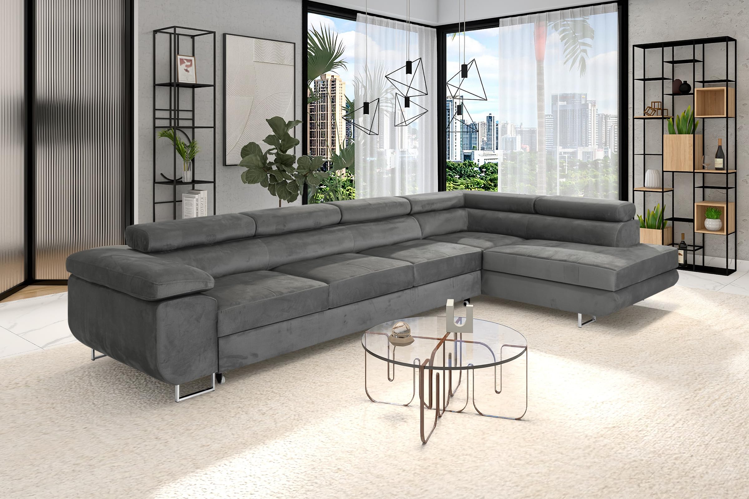 Ecksofa mit Schlaffunktion PASTI XL L-Form, Sofa Couch mit Bettkasten, Couch Eckcouch, Schlafsofa für Wohnzimmer Couch mit Schlaffunktion (Grau, Ottomane Rechts)