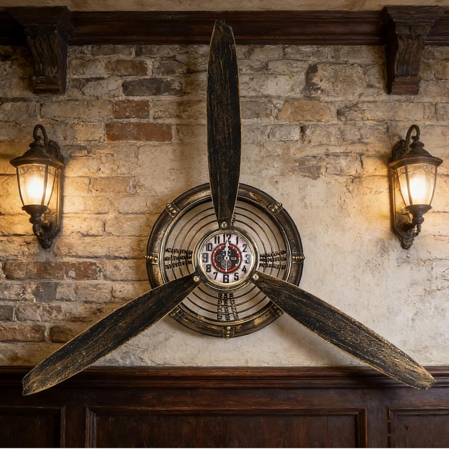 Airplane Propeller Wall Clock, Vintage Aviation Wall Clock Propeller Design Hanging Art, Bronze Industrial Iron Decorative Clock for Living Room Bar Cafe Office, Battery Operated