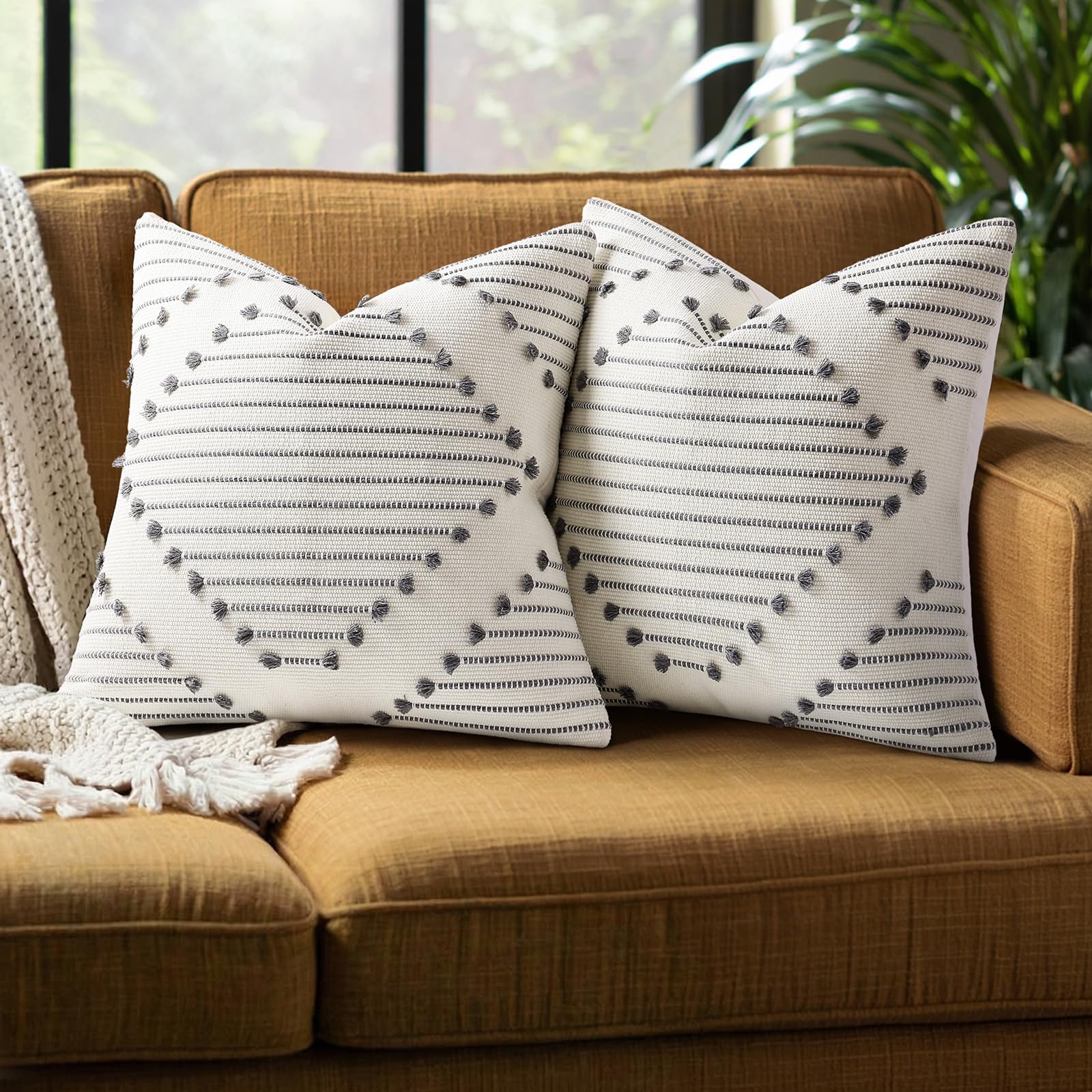 Mecatny Boho Summer Outdoor Throw Pillow Covers 18X18 Set of 2, Farmhouse Decorative Pillow Covers for Couch Sofa Living Room, Grey & Cream White