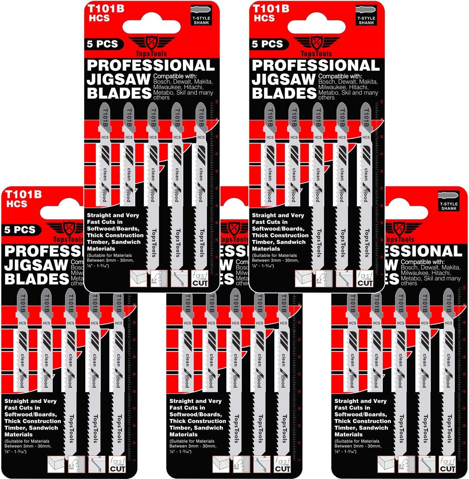 25 x TopsTools T101B 100mm Jigsaw Blades Designed for Clean Cuts in Wood