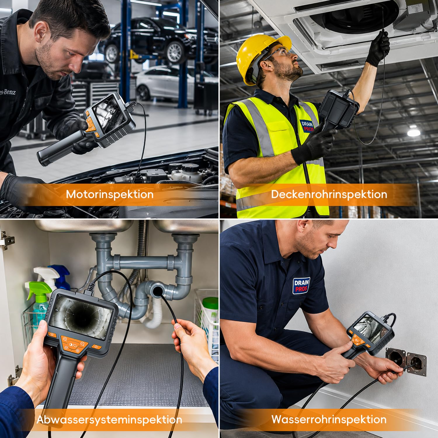 Endoskopkamera mit Licht, SKYBASIC Industrie Endoskop, 4.3-Zoll-IPS- Bildschirm Inspektionskamera,IP67 Wasserdichtes,1080P HD Rohrkamera mit 8 Einstellbaren LEDs -49.2FT/15M Halbstarres Kabel
