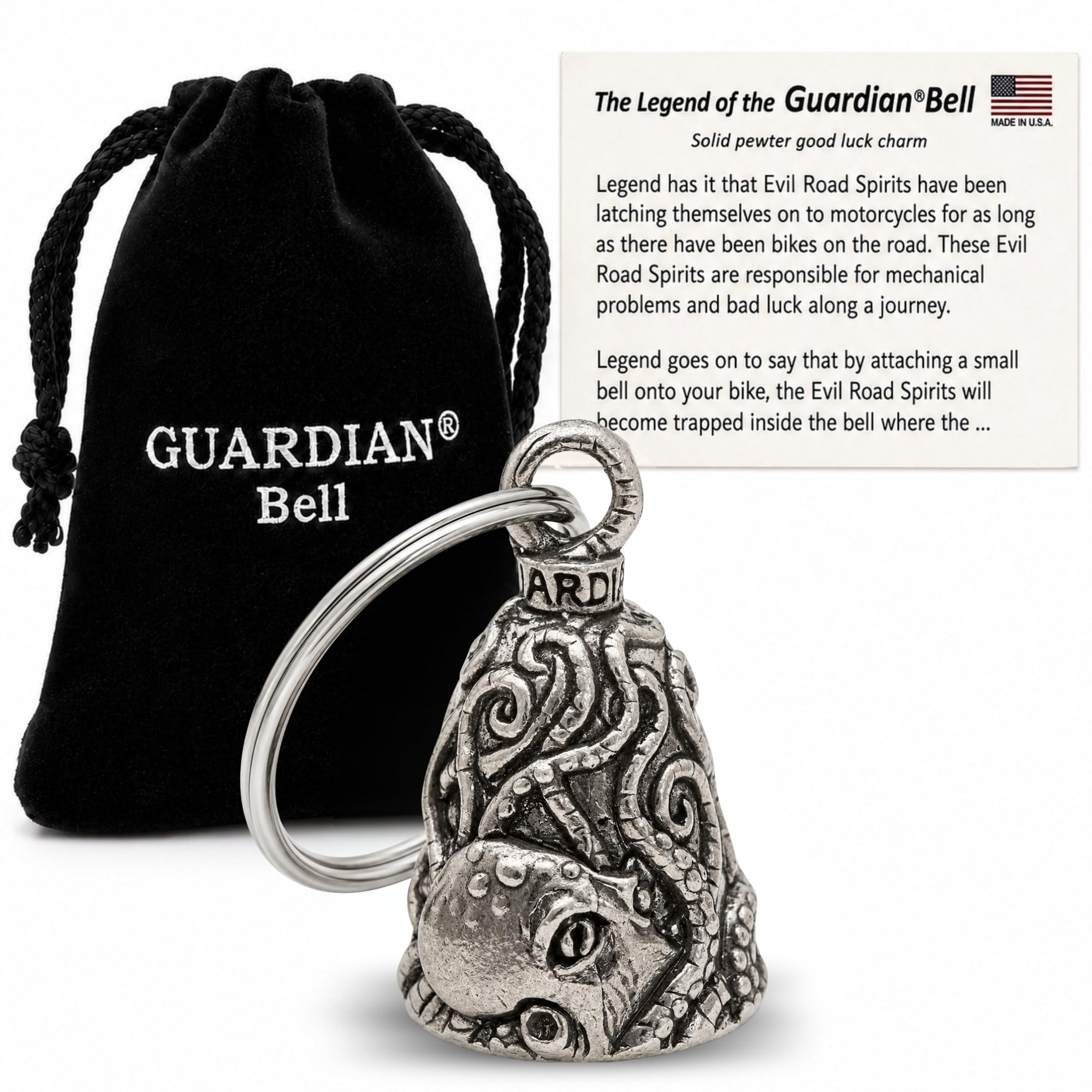 Guardian Bell Kraken Good Luck Bell w/Keyring &amp; Black Velvet Gift Bag | Motorcycle Bell | Lead-Free Pewter | Good Luck Gift to Friends &amp; Family | Bike Bell | Made in USA