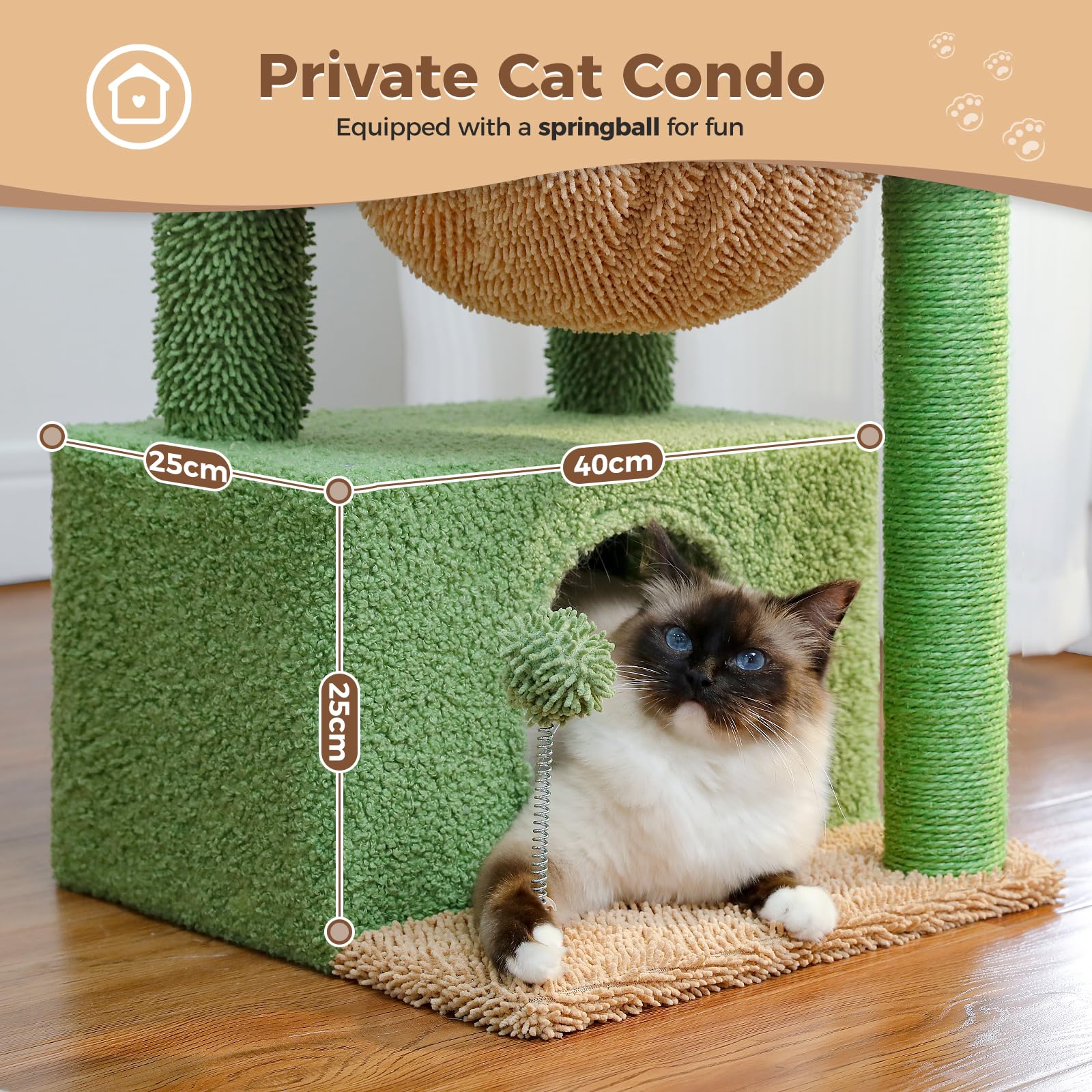 PAWZ Road Kaktus Katzenbaum für Indoor-Katzen mit Hängematte, Katzenturm mit Sisal-überzogenem Kratzbaum, großer oberer Sitzstange, Katzenkratzbaum, Grün 83 cm
