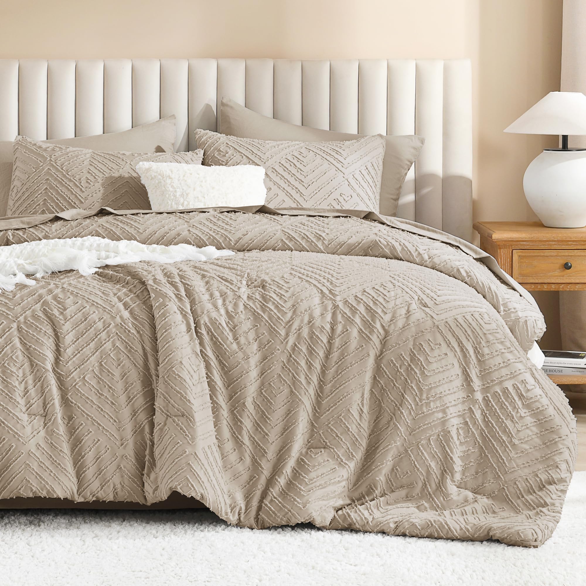 Litanika Khaki King Size Comforter Sets, Bed in a Bag 7 Pieces Boho Tufted, Shabby Chic Bedding Set with Comforter, Sheet, Pillowcases & Shams