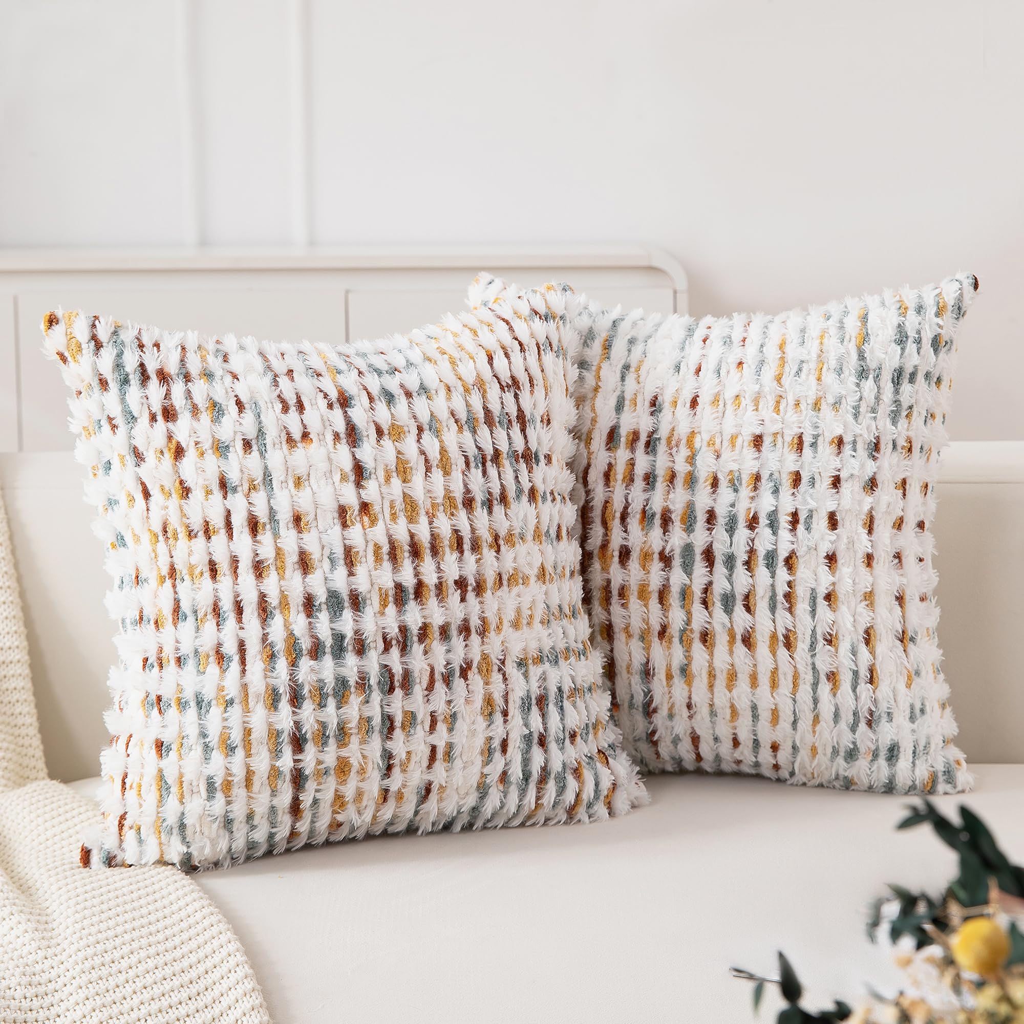 CATOLAT Boho Throw Pillow Covers Set of 2-18x18 Inch Farmhouse Tufted Pillow Covers Neutral Chenille Boho Throw Pillows, Accent Fluffy Pillow Cases