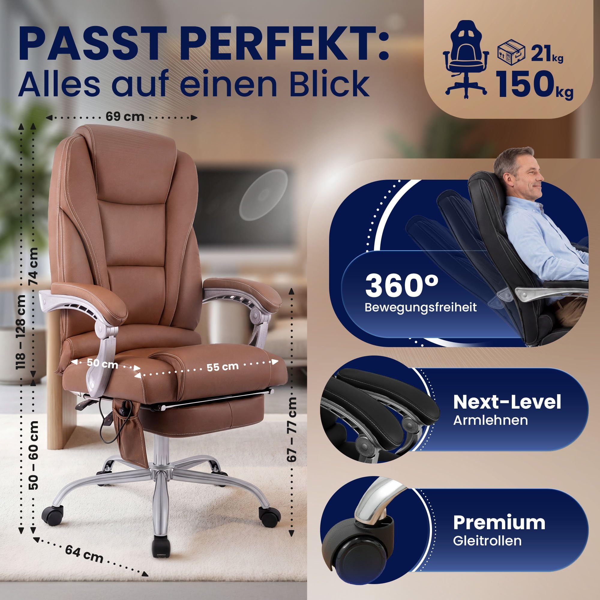 CLP Bürostuhl ergonomisch Pacific mit Echtleder-Akzenten und Massagefunktion, höhenverstellbarer Drehstuhl mit Armlehnen, 150kg belastbar | Farbe Hellbraun