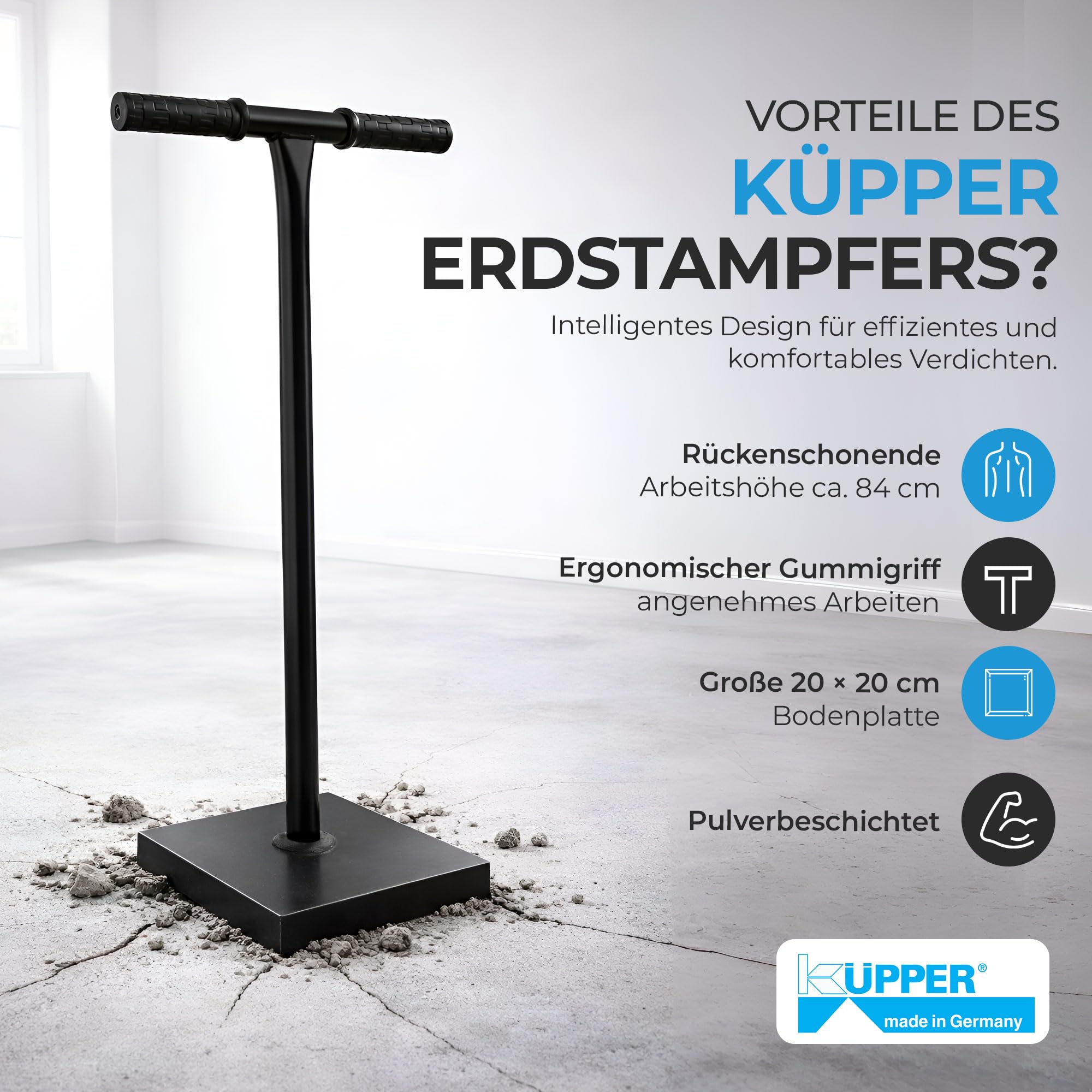 Küpper Betonstampfer aus Stahl 20x20 cm 84 cm Bodenstampfer Erdstampfer Verdichten Schwarz