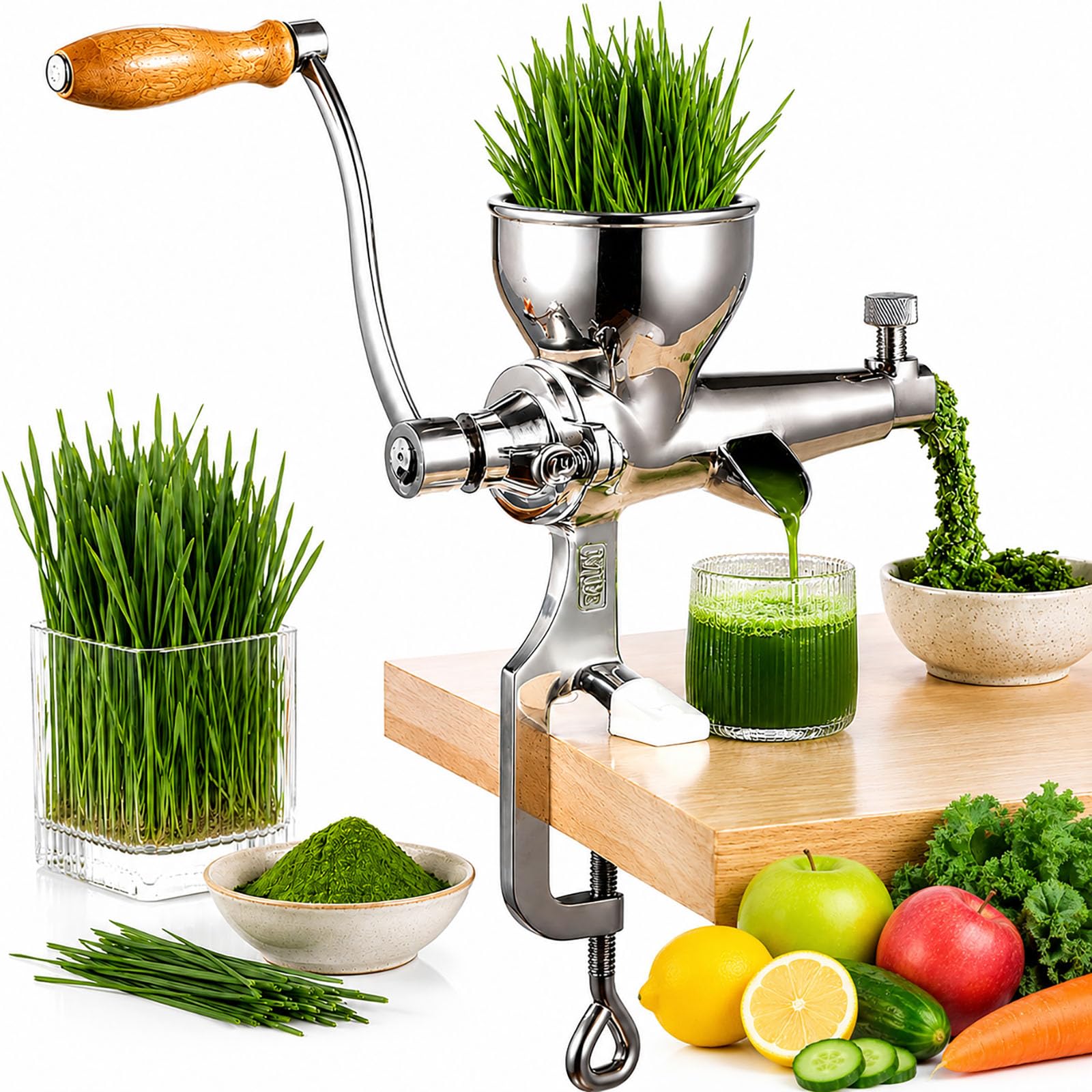 Estrattore manuale a manovella per erba di grano, acciaio inossidabile 304 | Estrattore portatile di erba di grano a manovella per frutta, verdura, arancia, cavolo riccio, sedano