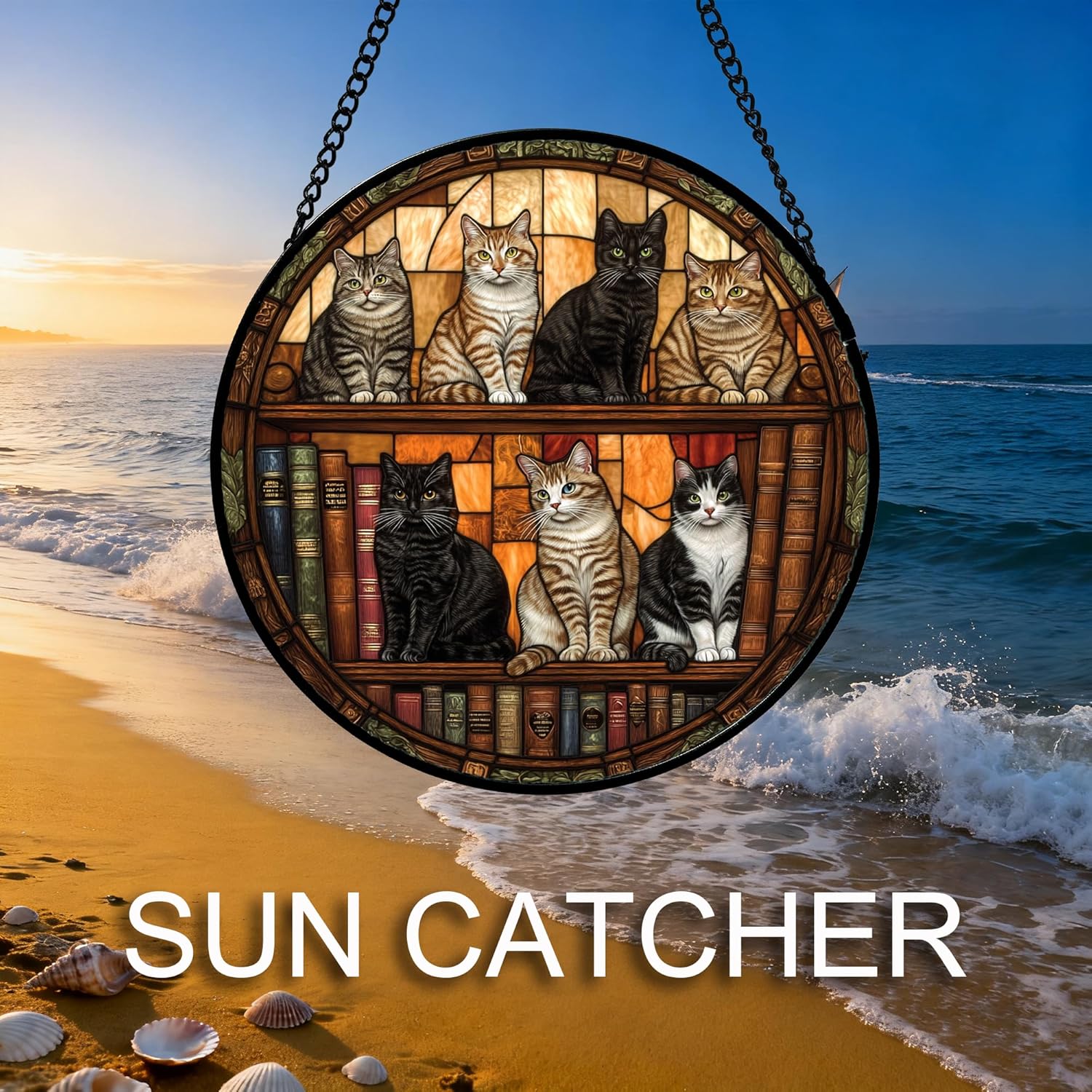 Stained Glass Window Hanging Cute Cats Sit on Bookshelf Large 15" - Brown Retro Suncatcher Door Garden Patio Sun Catcher Home Decor Christmas for Mom Woman Grandma Men
