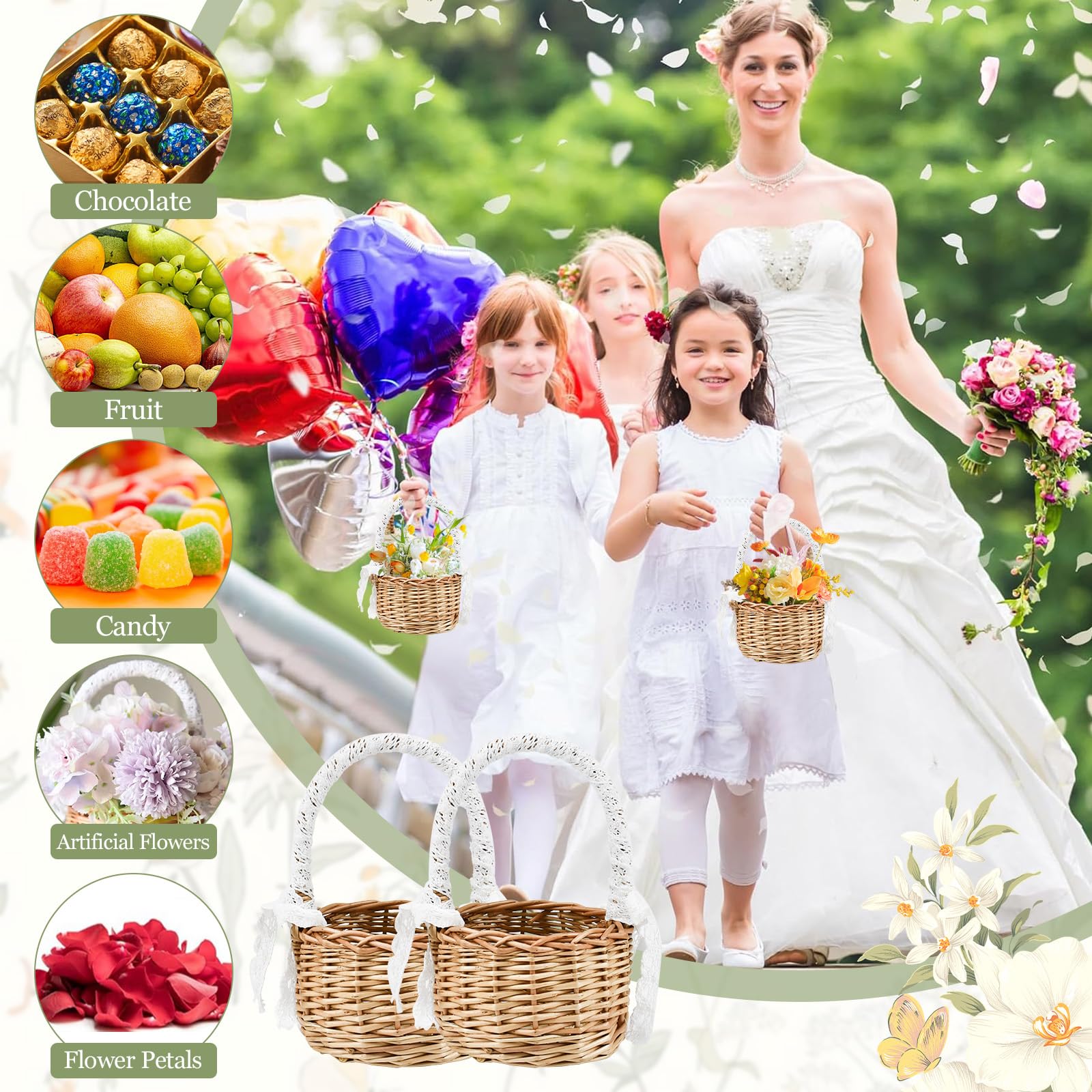 HEKOBAG 2 PZ Cestini in Vimini con Manico 20 cm Cestini di Fiori Matrimoni Cesto di Fiori Fatti a Mano Cesti Intrecciati con Nastro di Pizzo Cestini Rattan per Pane, Caramelle, Cioccolatini, Biscotti