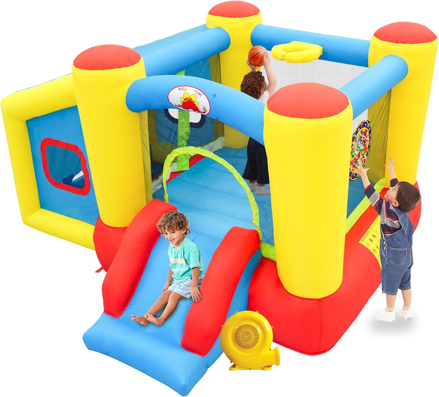WELLFUNTIME Inflatable Bounce House with Blower, Jumping Castle Slide, Kids Bouncer with Ball Pit, Basketball Rim, Dart Target Game
