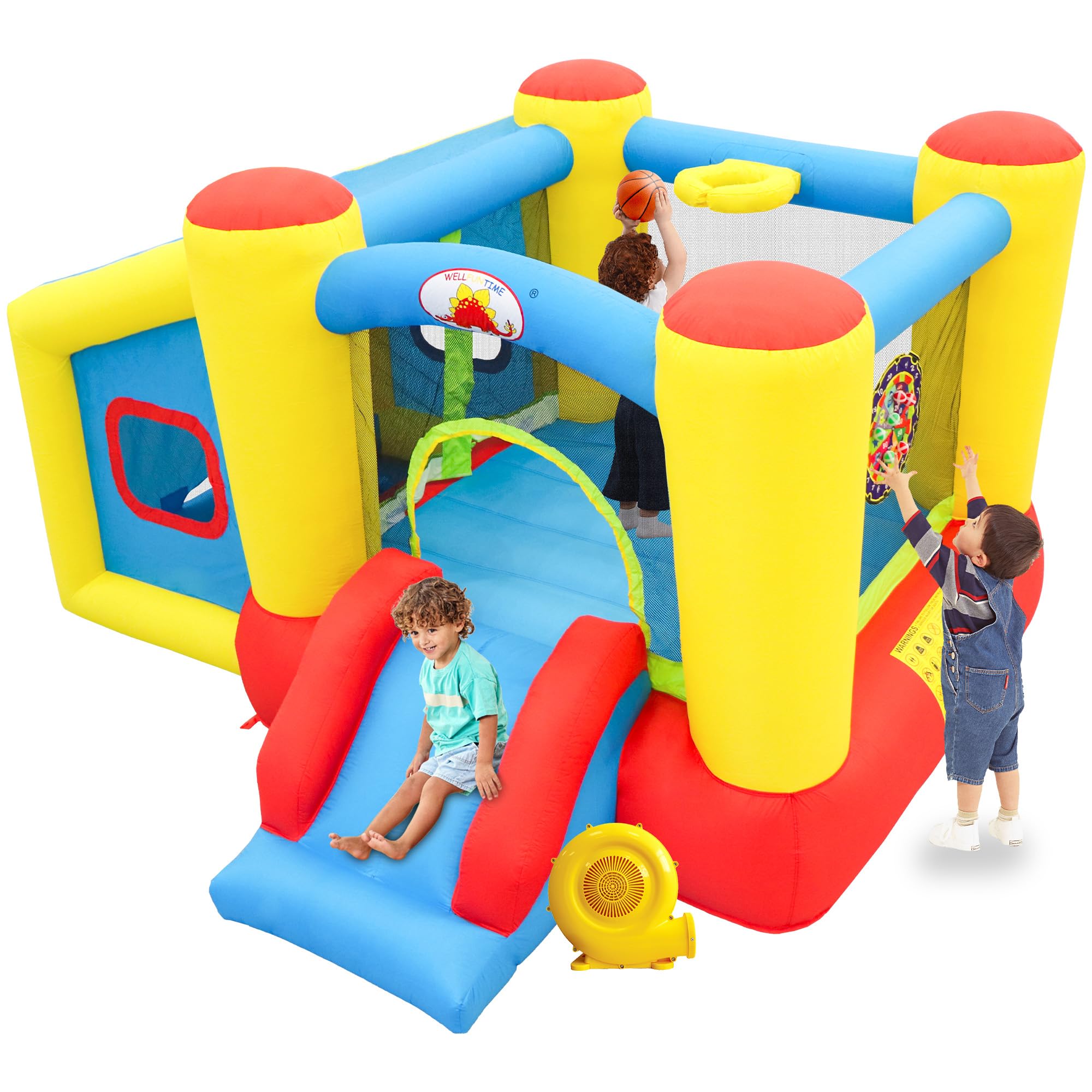 Inflatable Bounce House with Blower, Jumping Castle Slide, Kids Bouncer with Ball Pit, Basketball Rim, Dart Target Game