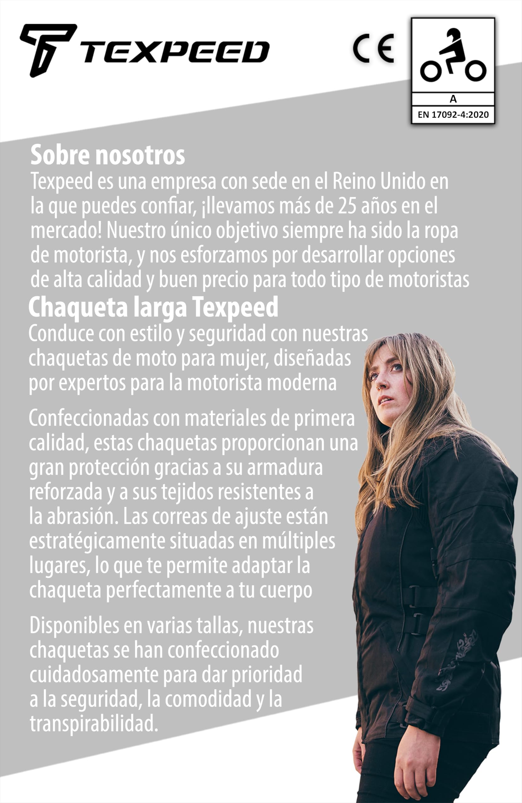 Texpeed Chaqueta de moto para mujer impermeable con protectores en tejido Cordura con armadura de moto CE (EN 1621-1) Negro - L