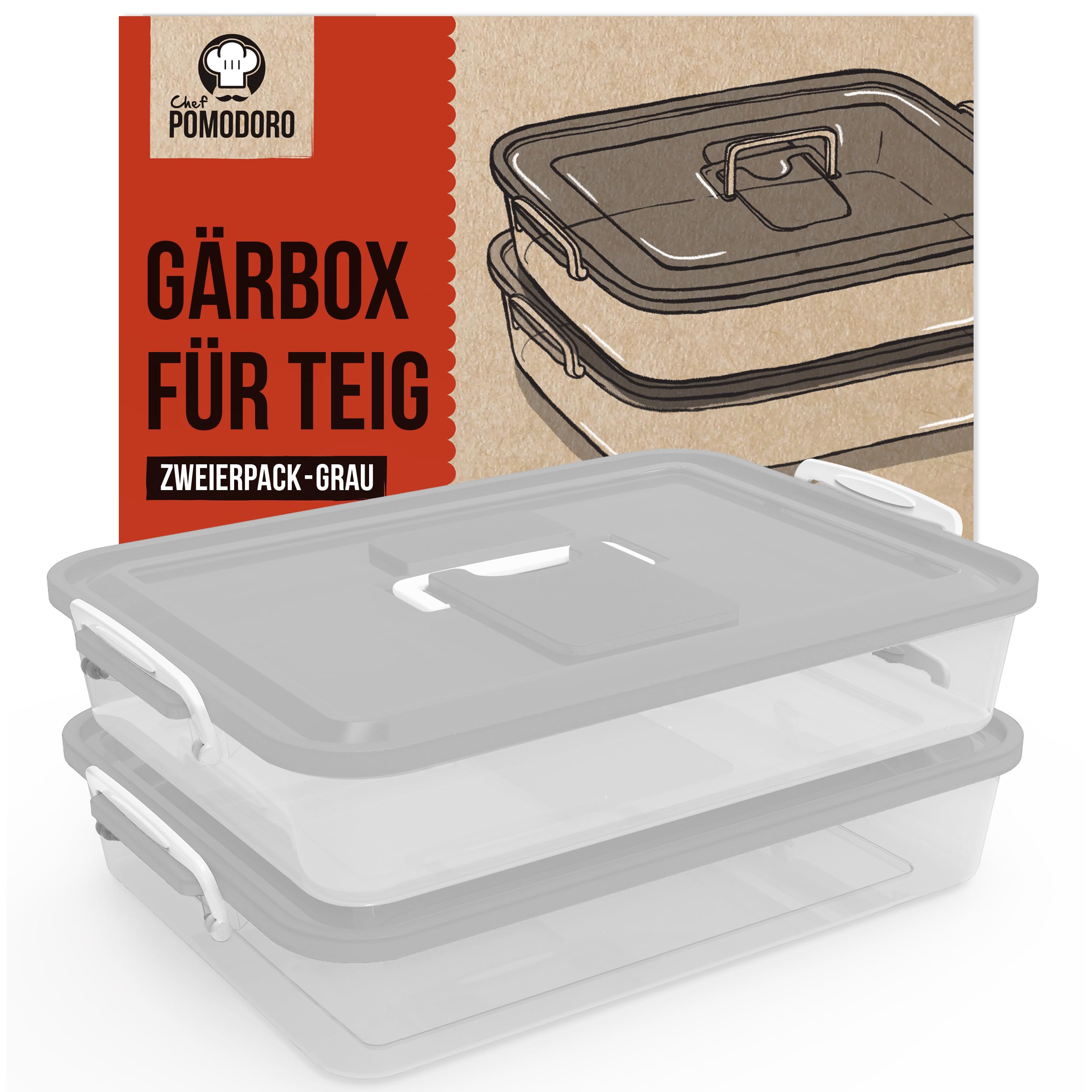 Chef Pomodoro 2 x Pizzaballenbox mit Deckel (35,6 x 27,9 cm), Teigbox Pizza, Pizzaboxen Teig, Pizzateig Box, Pizza Ballenbox, Gärbox, Brot Aufbewahrungsbox, Kunststoffbox (Grau)