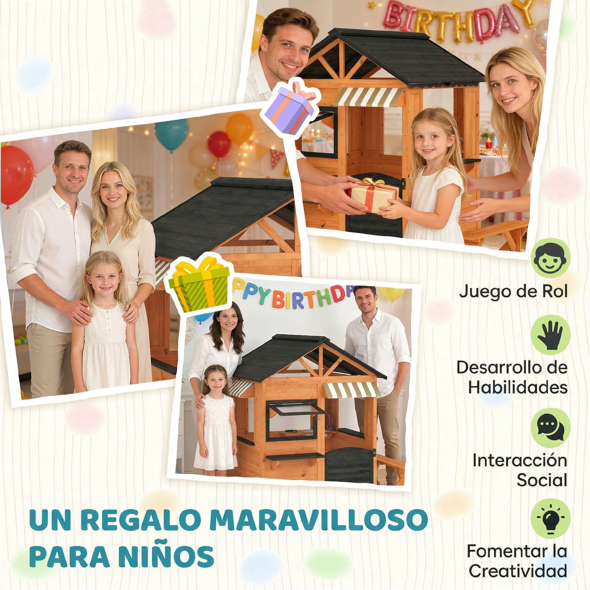 AIYAPLAY Casita Infantil Exterior e Interior de Madera, Casita Infantil Grande con Cocina de Juguete, Banco de Picnic, Ventanas de Servicio, Media Puerta, Casa de Jardín para Niños de 3-8 Años, Marrón