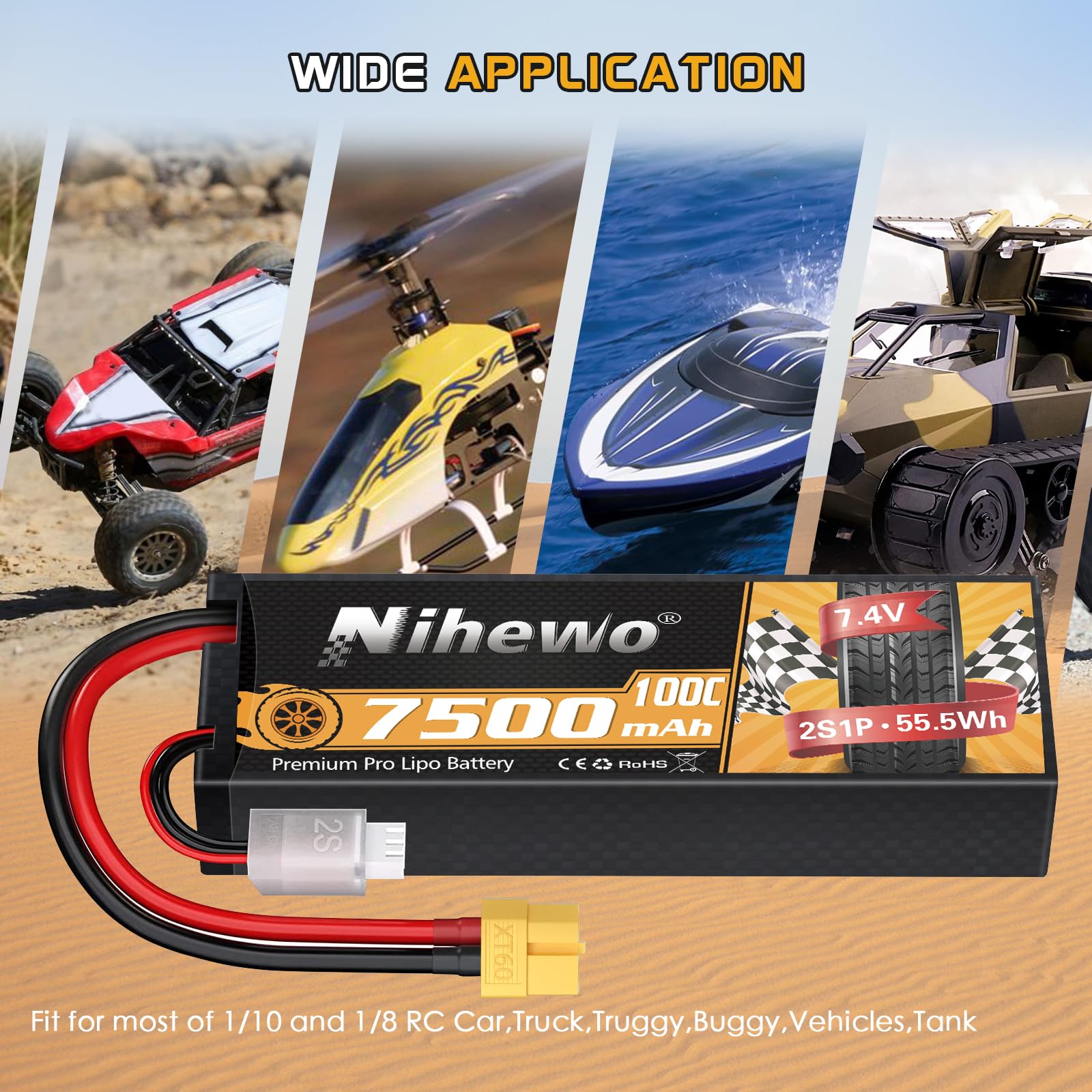 2Packs 2S Lipo Akku, 7,4V 7500mAh RC Akku 100C Hartschale Lipos XT60 Stecker Kompatibel mit 1/8 1/10 RC Car Truck Truggy Fahrzeugen Panzerboot Flugzeugmodellen