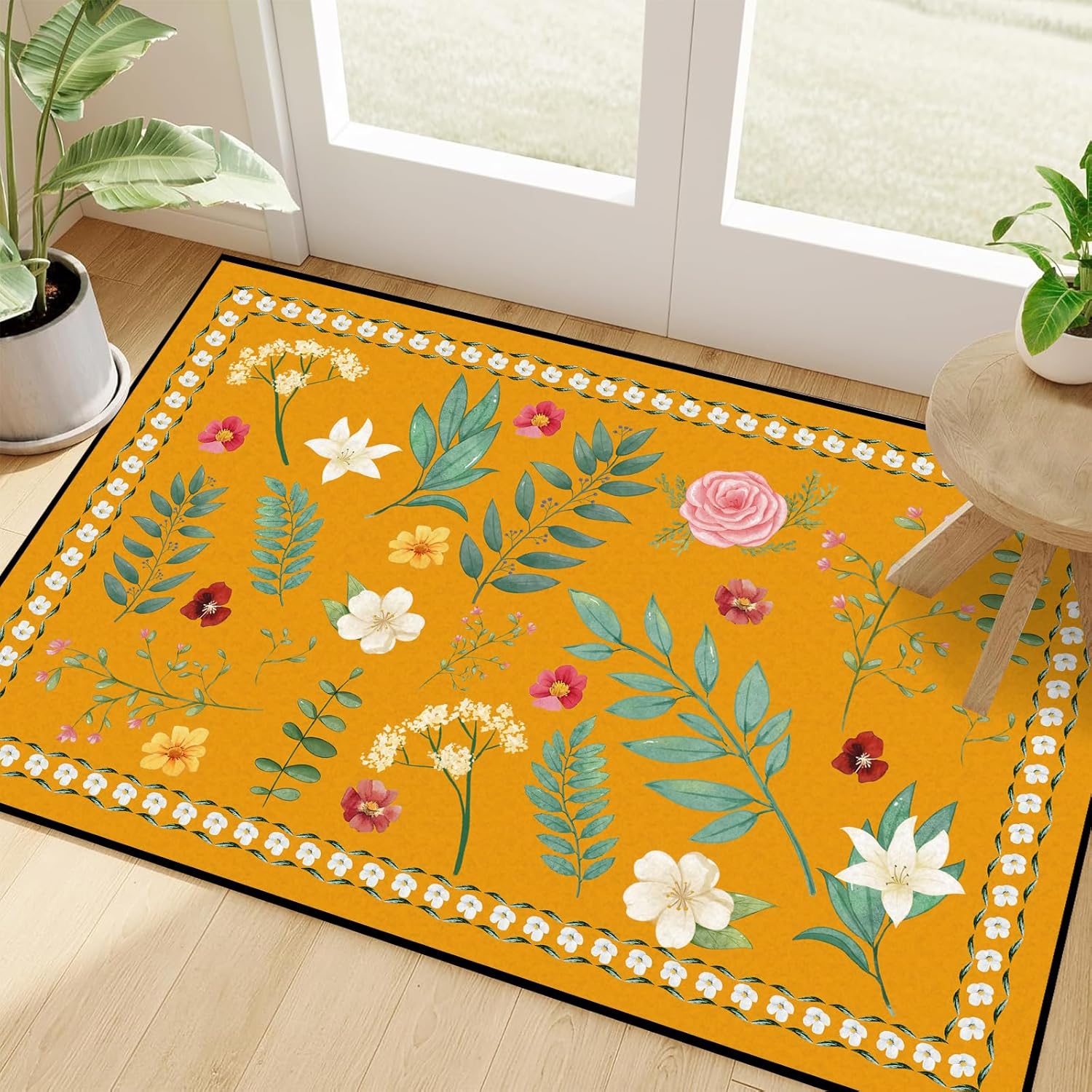 2'x3' Floral Area Rug Washable Floral Botanical Rugs for Kids Bedroom Nursery Entryway Soft Non Slip Boho Flower Carpet,Orange,23.6"x35.4"