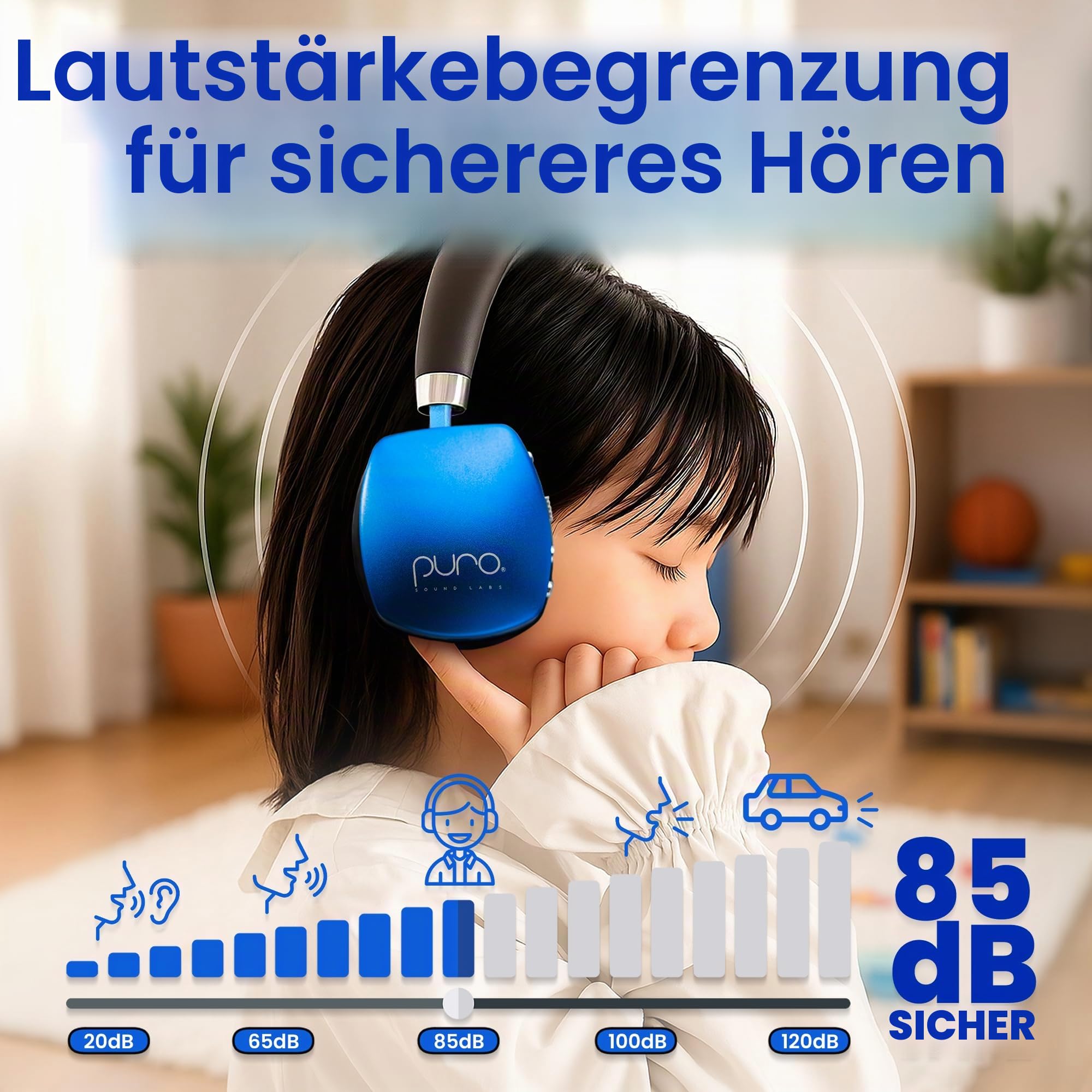 Puro Sound Labs PuroQuiet Plus Lautstärkebegrenzte On-Ear Active Noise Cancelling Bluetooth Kopfhörer – Leichte Kopfhörer für Kinder mit eingebautem Mikrofon – Sicherer Sound (Blau)