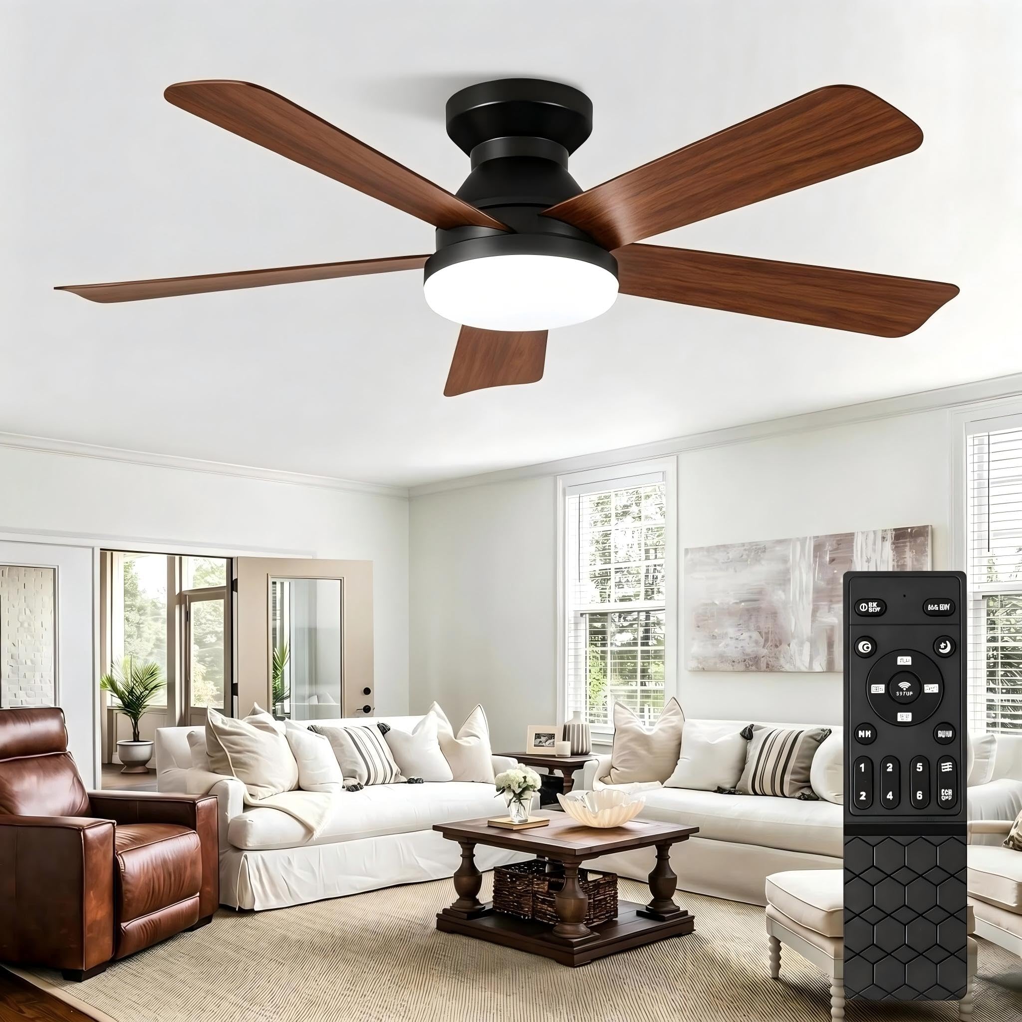 42 Inch Ceiling Fans with Lights and Remote,Outdoor Indoor Modern Flush Mount Ceiling Fan with 3CCT 6-Speed Quiet DC Motor,White Small Low Profile Ceiling Fan for Bedroom Living Room (42inch-Walnut)