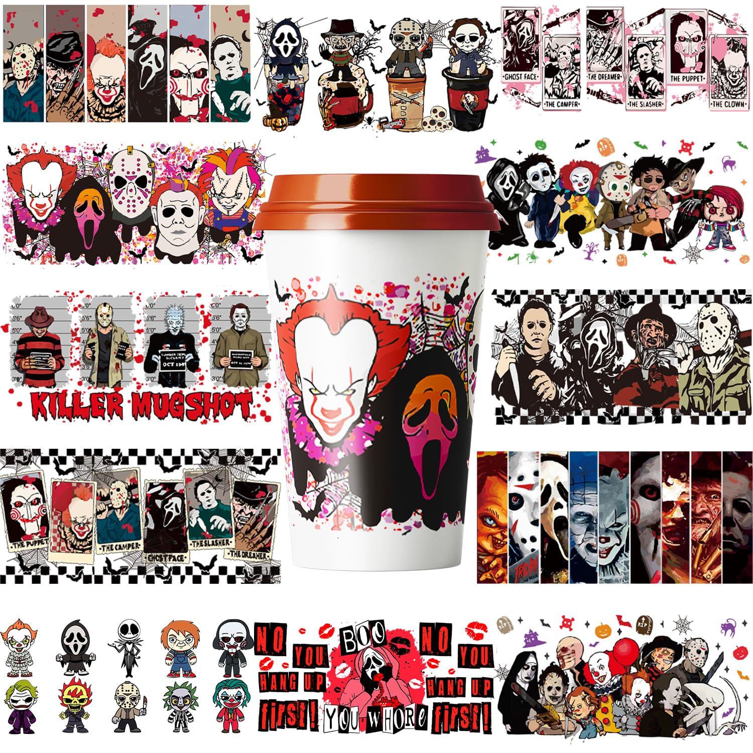 12Pcs UV DTF Cup Wrap Transfer for Glass Halloween - Terror Transfers Stickers Decals for Crafts - No Heat Needed Ready to Apply