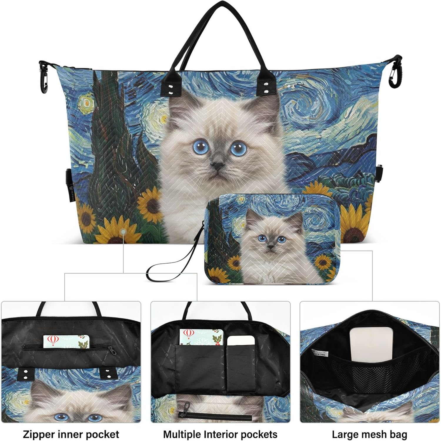 かわいいラグドール美的星月夜ダッフルトラベルバッグ&amp;メイクアップポーチセット、カラフルなウィークエンダーキャリーオンダッフル