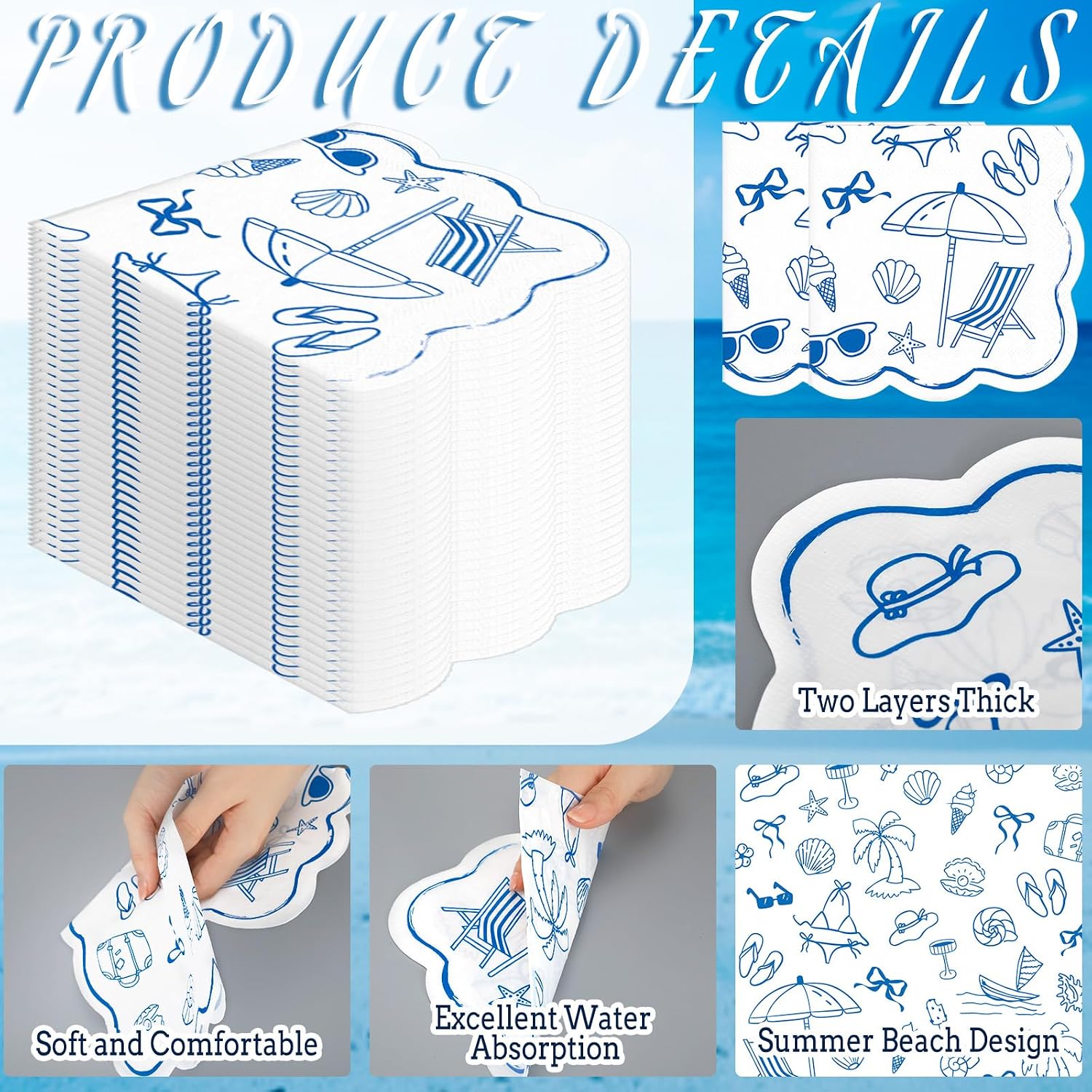 100 Pcs Summer Beach Napkins Scalloped Coastal Dinner Lunch Napkins 6.5 x 6.5 in Seashell Umbrella Bikini Disposable Paper for Summer Tropical Coastal Nautical Surf Birthday Party Supplies