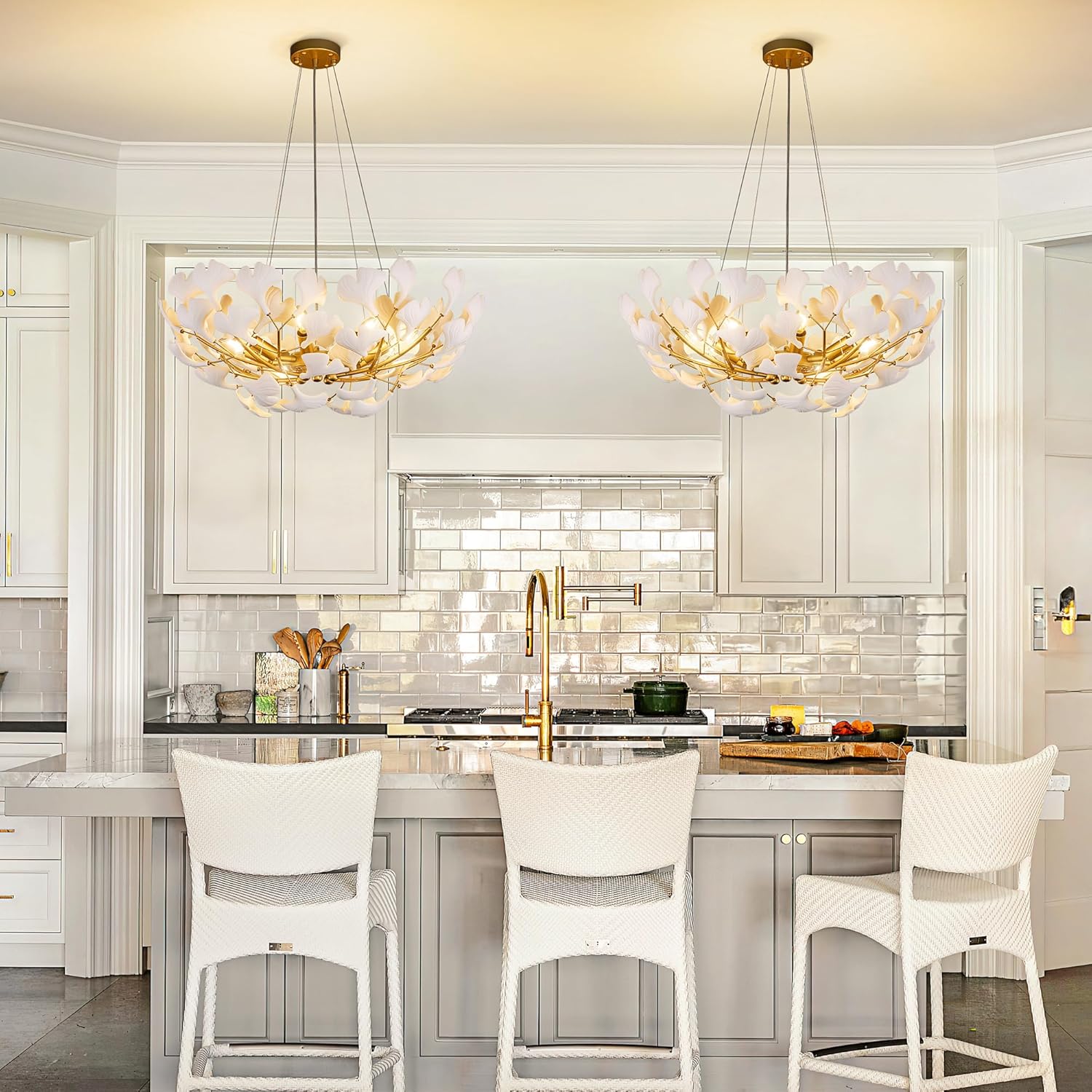 Wellmet Modern Gold Chandelier, 32'' White Ceramic Ginkgo Leaf Tree Branches Chandeliers for Dining Room, Round Lighting Fixture for Living Room Foyer Kitchen Bedroom