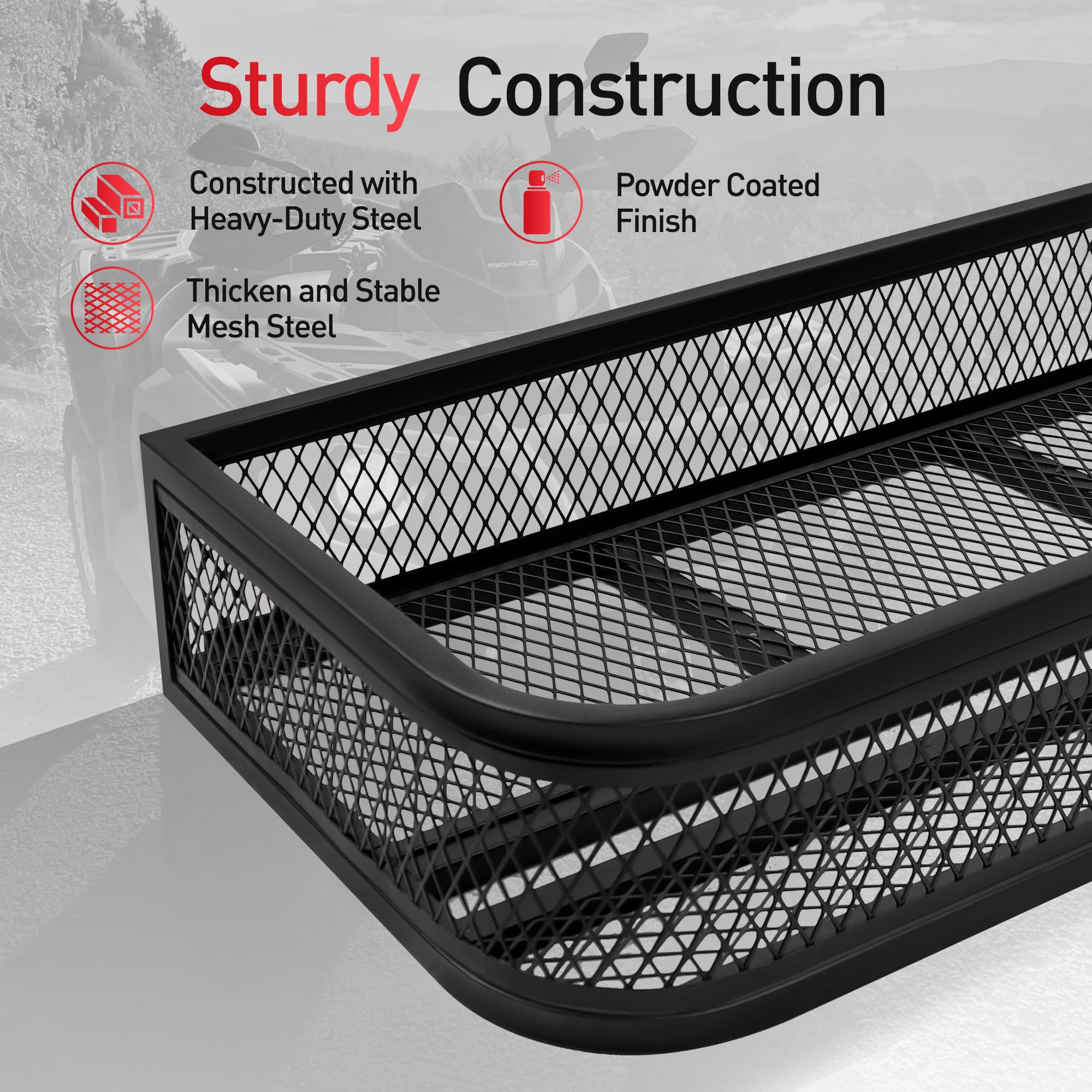 JY PERFORMANCE ATV Front Cargo Basket, Heavy Duty ATV Racks and Baskets for Camping, Fishing, Beach Side Hiking, 91.4 cm L x 43.9 cm W x 16.0 cm H