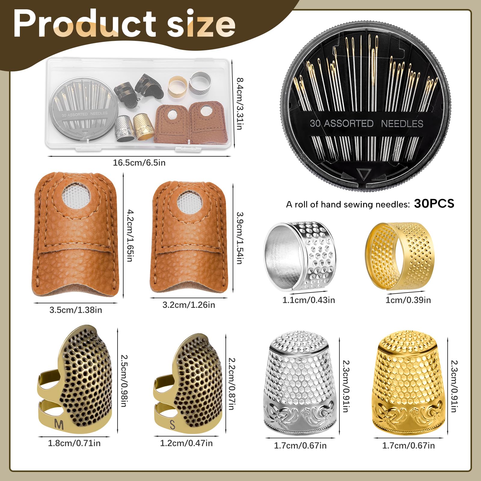 8 Pcs Thimble + 30 Pcs Sewing Needles, Finger Protector Fingertip Adjustable Metal Bronze Rings and Leather Coin Thimble for Needlework, Hand Embroidery Craft