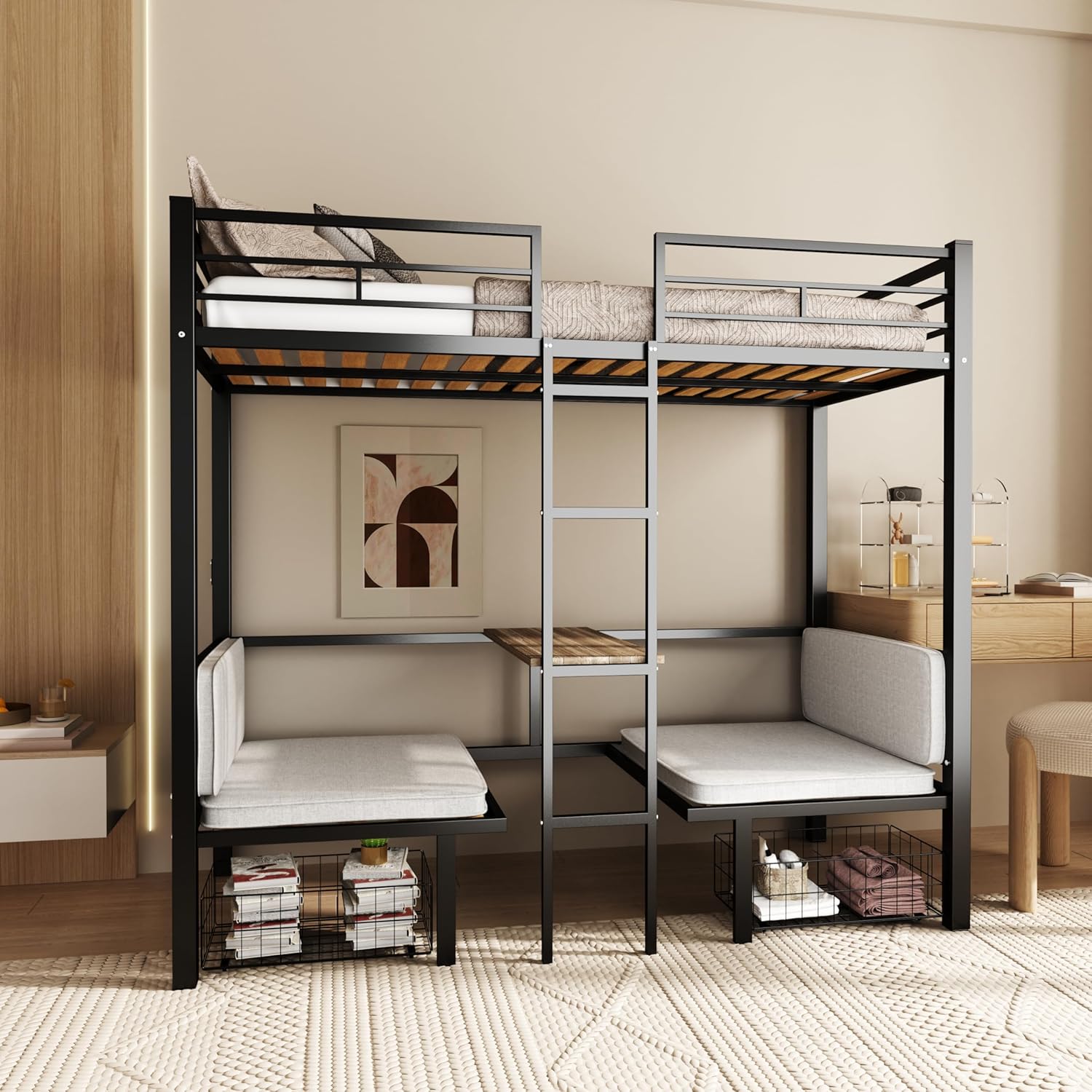 Full Size Loft Bed with Drawer and Desk & Table Sets Transformable,Metal Sturdy Bed Frame w/Wood Slats Support for Dorm,Bedroom,Guest Room,Full Over Full Bunk Bed,Black