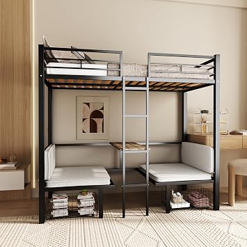 DNYN Full Size Loft Bed with Desk & Storage Drawers & Table Set for Kids Bedroom,Convertible Full-Over-Full Bunkbeds Design,Easy Assemble & Space Saving & No Box Spring Needed,for Small Space, Black