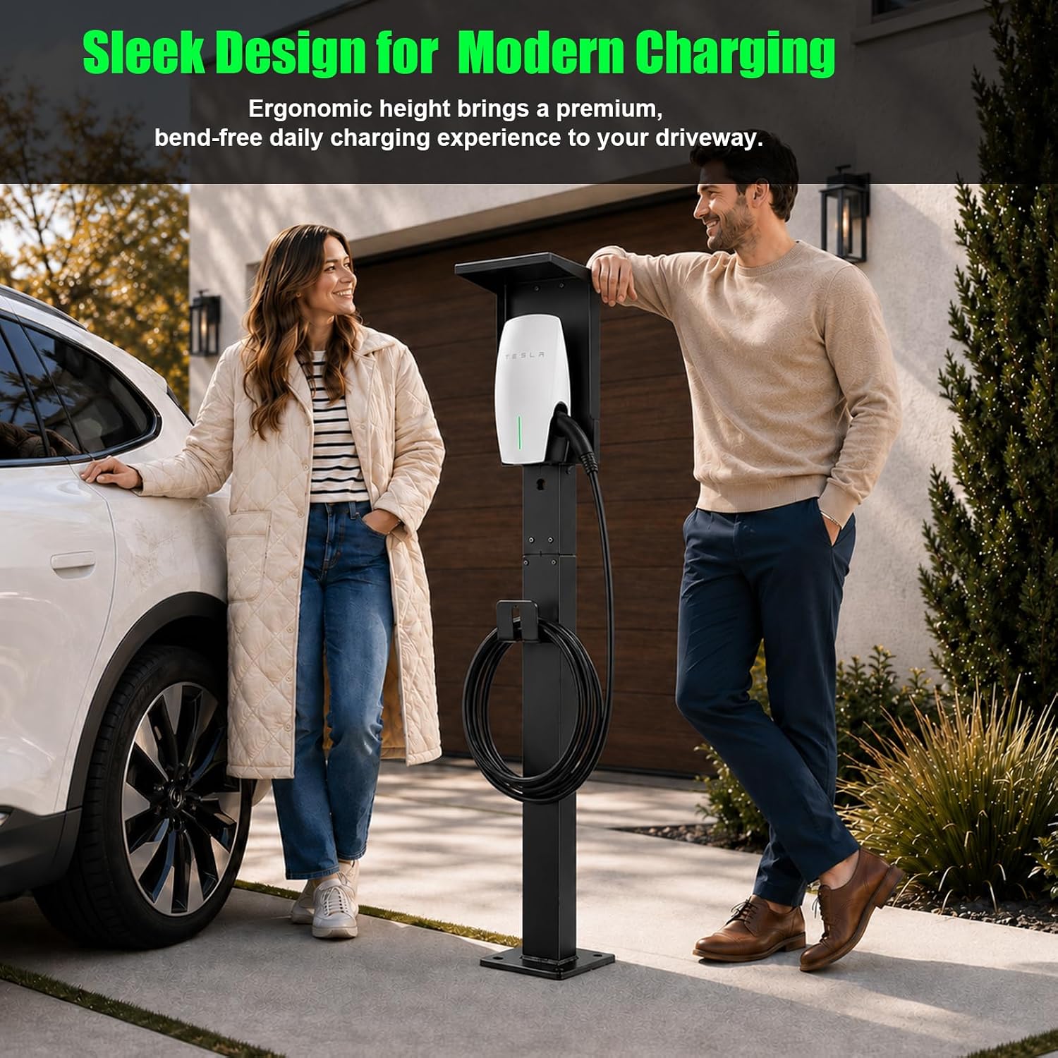 for Tesla EV Charger Pedestal with Roof, Heavy-Duty Stand for Tesla Gen 3 Mobile Connector & J1772 Charging Station, Anti-Wobble Weatherproof Base