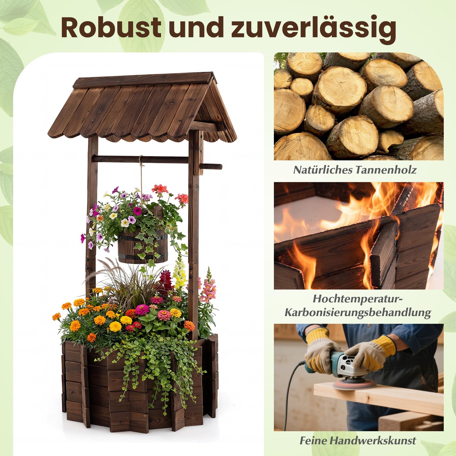 COSTWAY Holzbrunnen mit Dach, Wunschbrunnen Garten, Blumenkübel Dekobrunnen Blumentopf, Dekoration für Draußen Veranda, Zierbrunnen Brunnen Gartenbrunnen, 56 x 56 x 119 cm, Braun