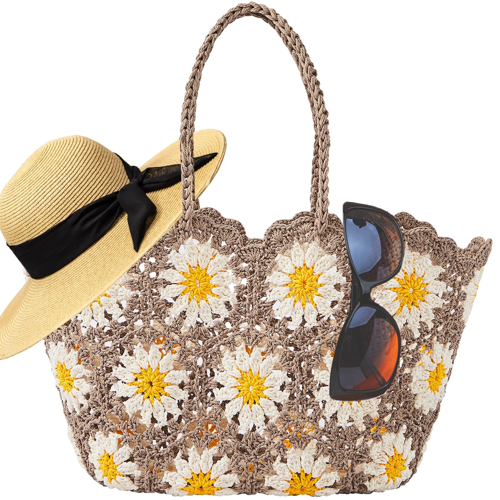 TOFUNTOY Beach Bags for Women Straw Tote Bag Floral Straw Bag Beach Straw Bag Large Tote Handbag Summer Beach Bag (Beige)