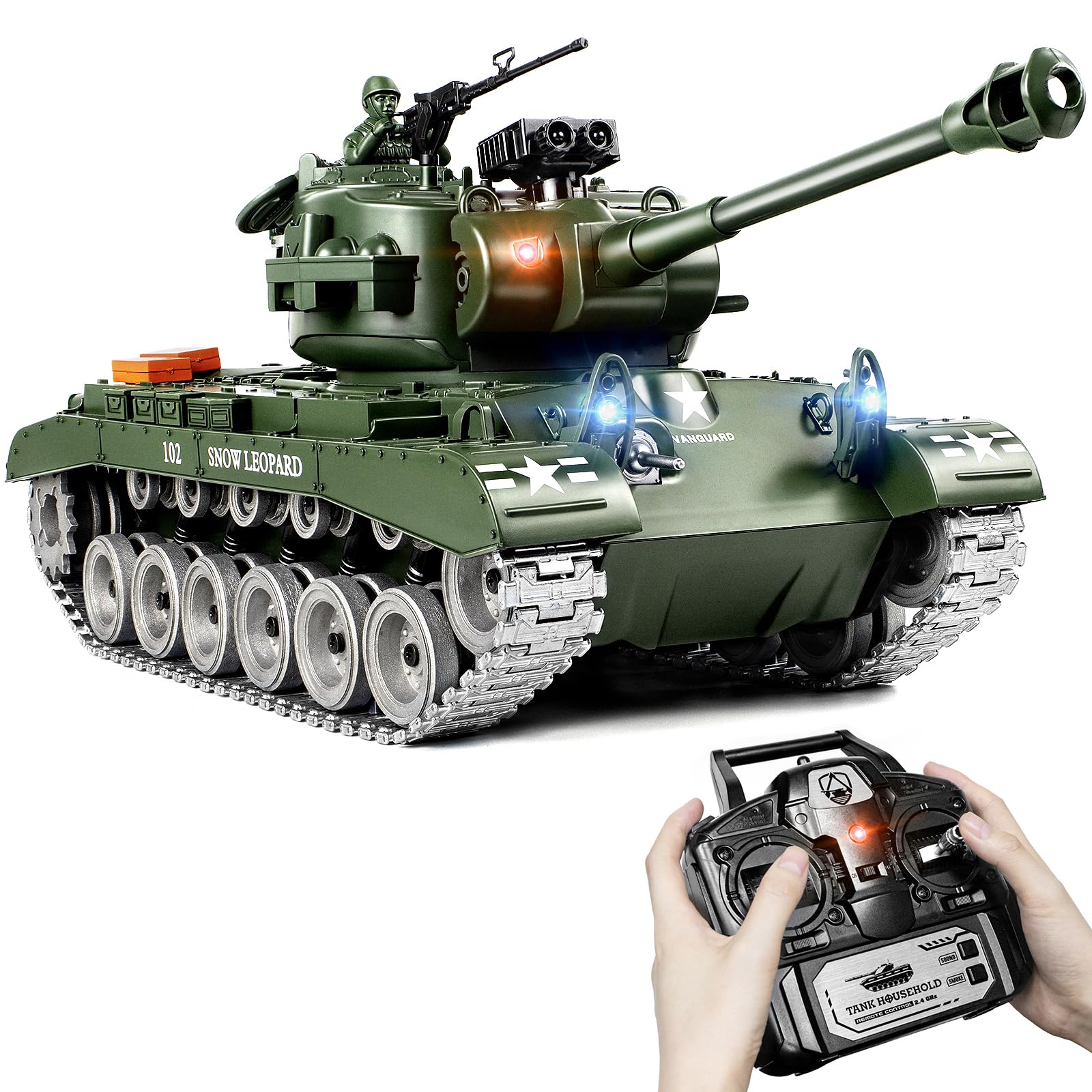 Supdex 1:18 RC Tank M26, 2.4Ghz Remote Control Tank, Remote Control US Army Military Model That Shoots BB, Recoil, Smoke, Engine Sound and Lights, Tactical RC Battle Toy Gift for Adults and Kids