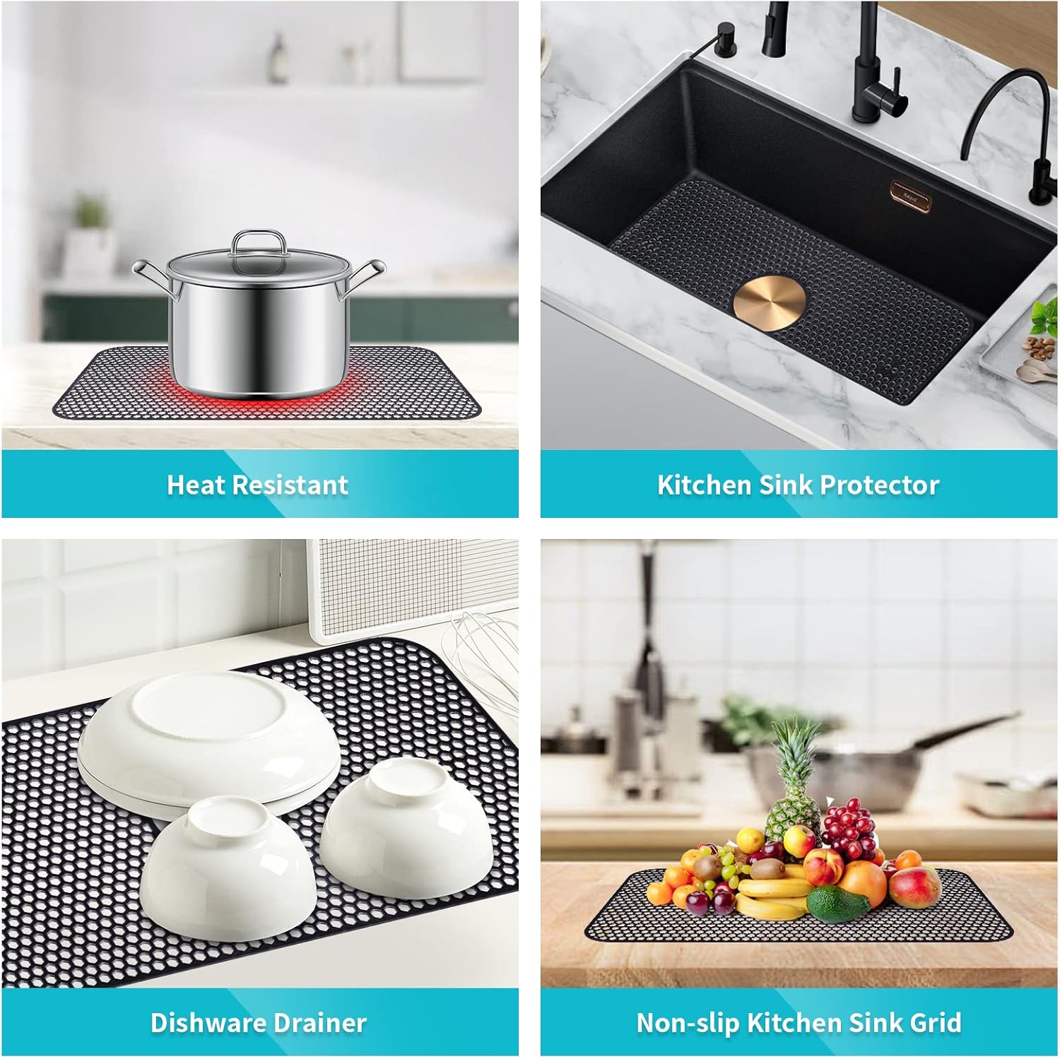 LONGFITE Sink Protector Mat 24.8"x 13" Silicone Farmhouse Kitchen Single Sink Mat Draining Heat Proof Mat with Center Drain