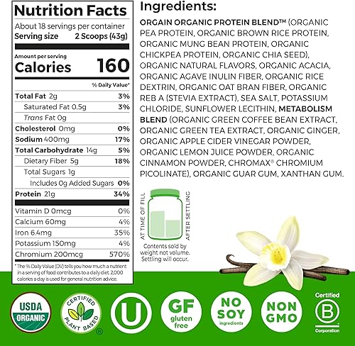 Miniatura 2 de Orgain Organic Protein + Metabolism Blend Powder, Vanilla Bean - 21g Plant Protein, 5g Prebiotic Fiber, No Lactose Ingredients, Low Sugar, Non-GMO,