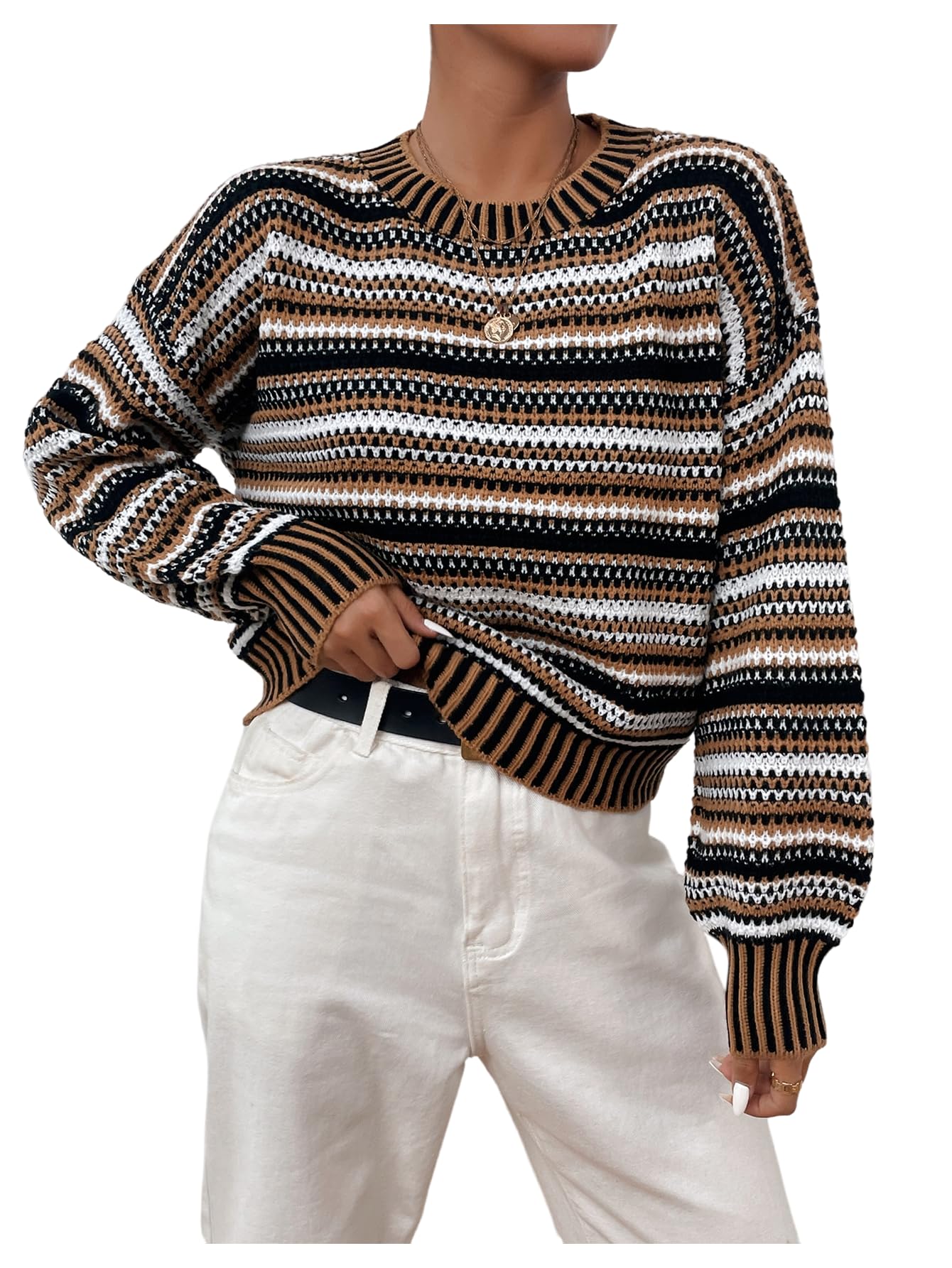 MakeMeChic Womens Striped Crew Neck Sweater Lantern Sleeve Knitted Pullover Jumper Tops