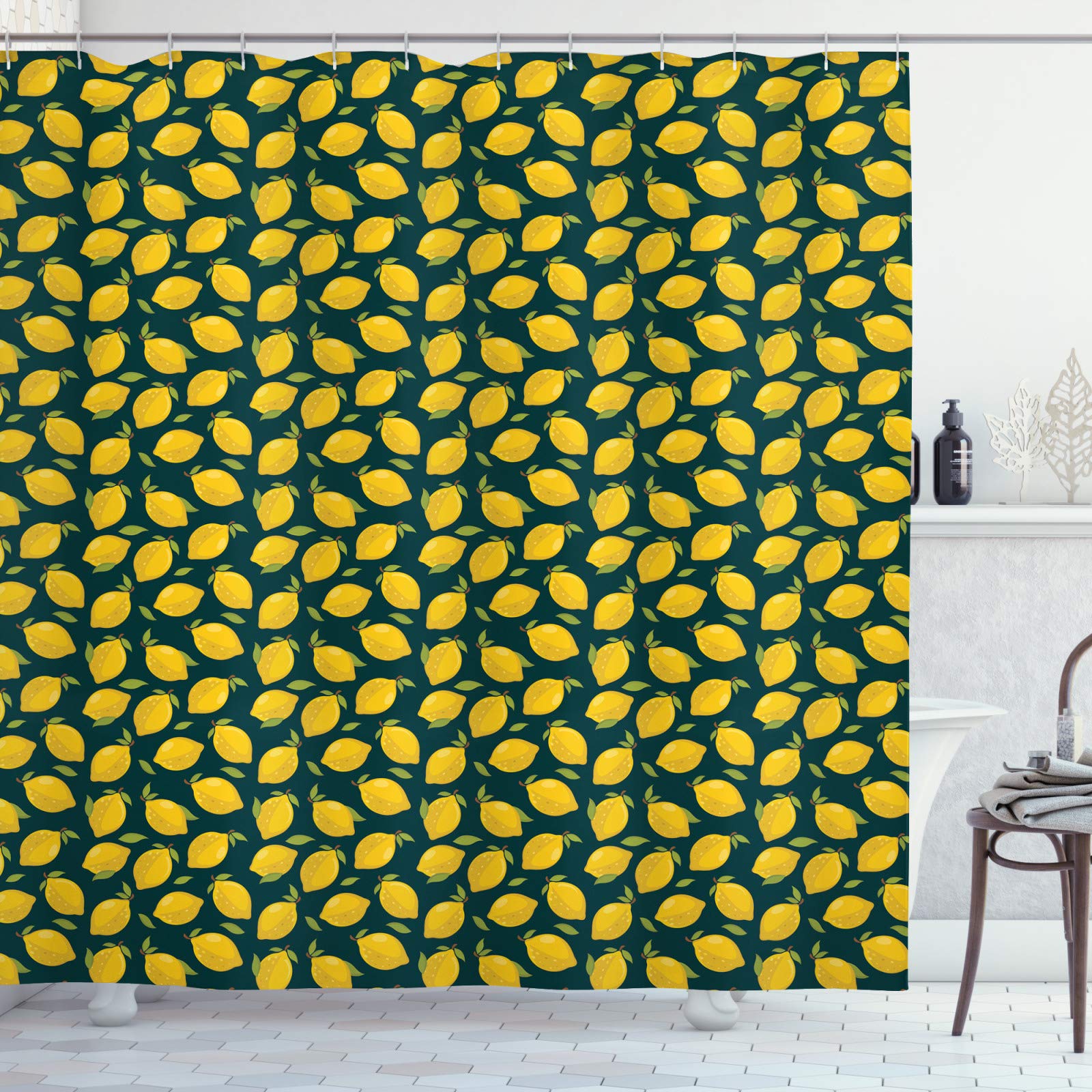 ABAKUHAUS Citron Rideau de Douche, Sour Fruits et Feuilles Motif, Tissu Ensemble de Décor de Salle de Bain avec Crochets, 175 cm x 220 cm, Multicolor Bleu pâle
