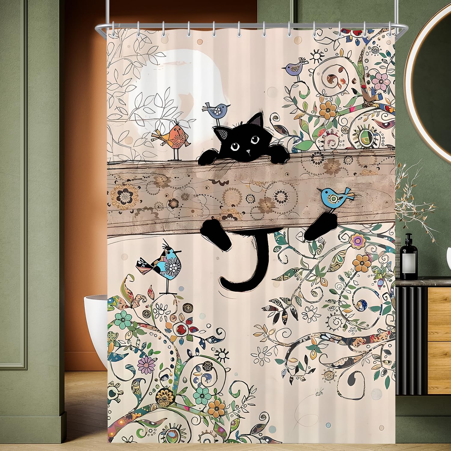 Lerores Shower Curtain, 180 x 200 cm, Black Cat, Weighted Hem, Anti-Mould Textile, Water-Repellent, Washable Polyester Bath Curtains with 12 Eyelets and Shower Curtain Rings for Bathroom, Bathtub